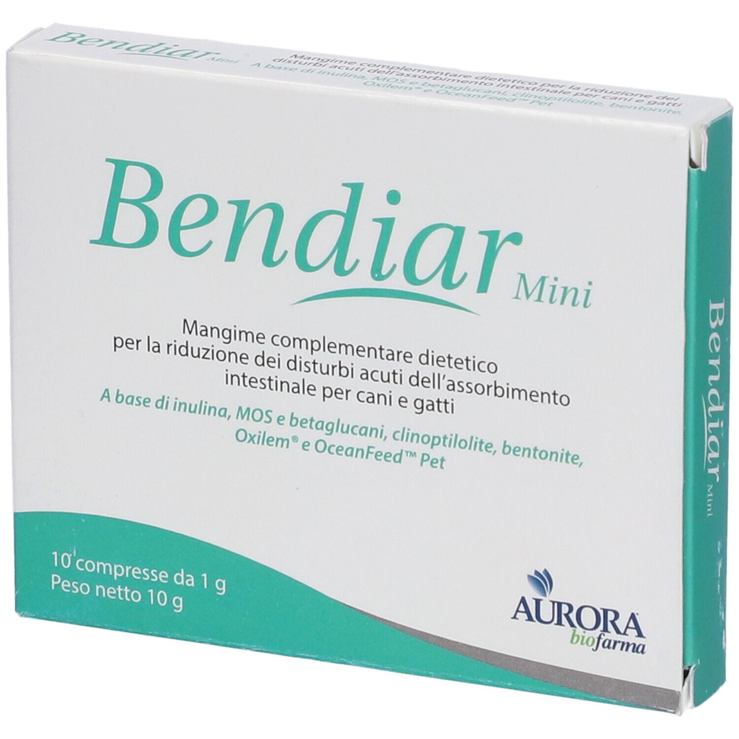 Scatola bianca con testo verde. Scritto: Bendiar Mini. Contiene 10 compresse. Logo Aurora biofarma.