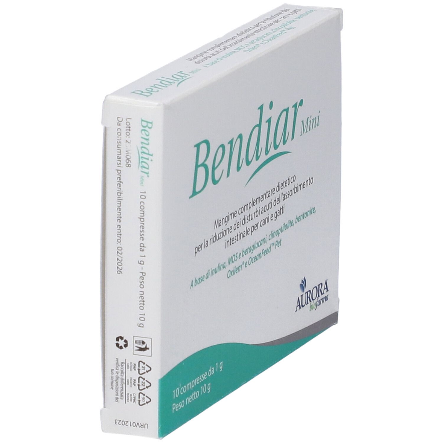 Scatola bianca, angolata. Scritto: Bendiar Mini. Contiene 10 compresse. Logo Aurora biofarma. Testo laterale.