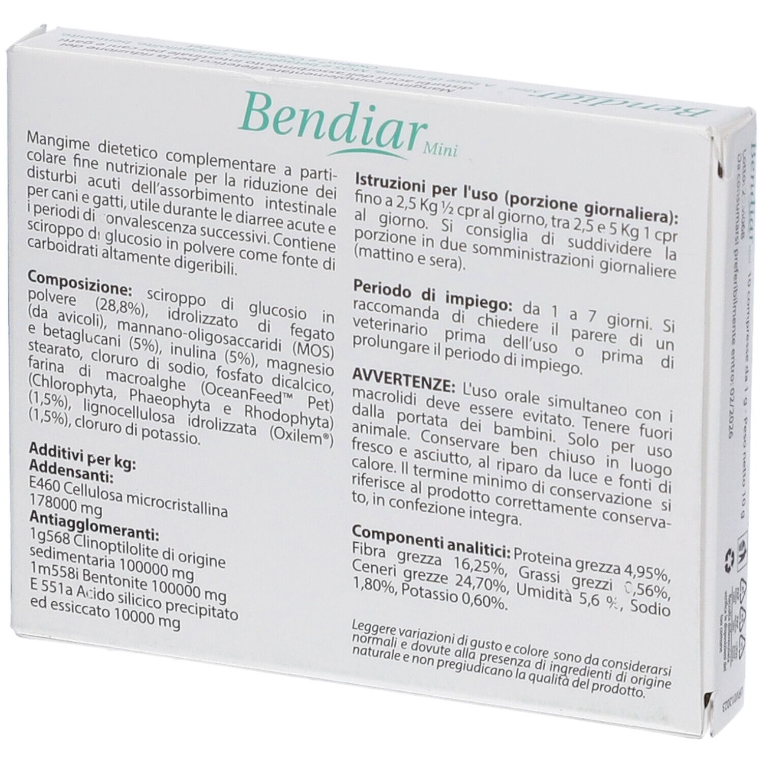 Scatola bianca con testo. Scritto: Bendiar Mini. Contiene 10 compresse. Testo su ingredienti e utilizzo.
