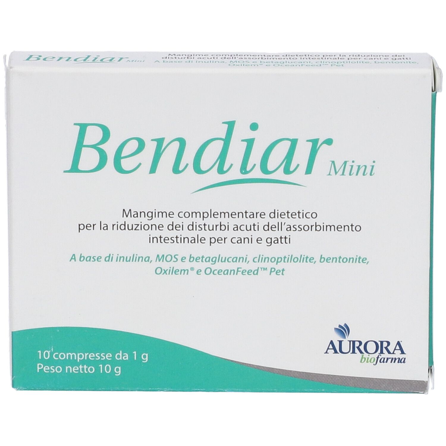 Scatola bianca con testo verde. Scritto: Bendiar Mini. Contiene 10 compresse. Logo Aurora biofarma.
