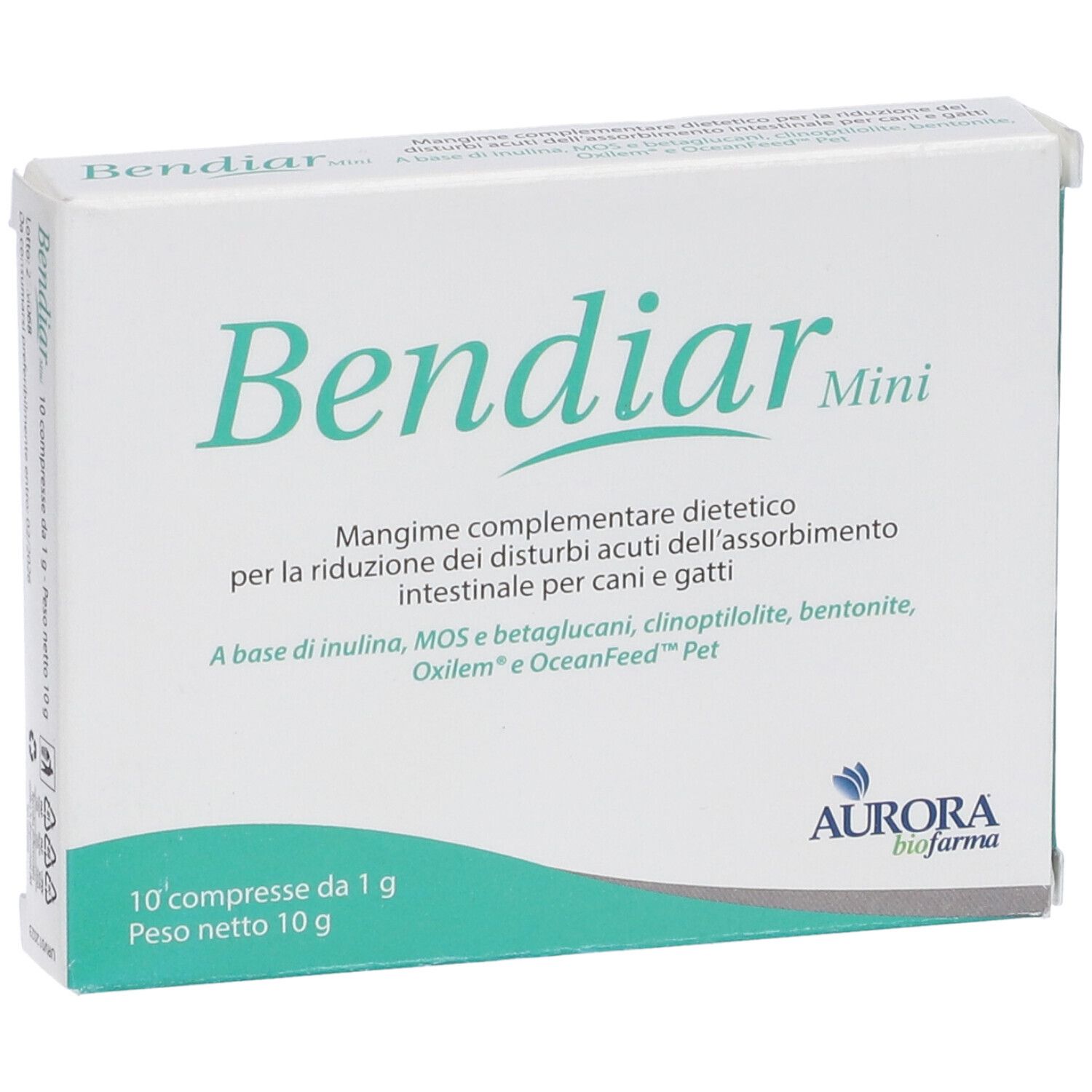 Scatola bianca con testo verde. Scritto: Bendiar Mini. Contiene 10 compresse. Logo Aurora biofarma.