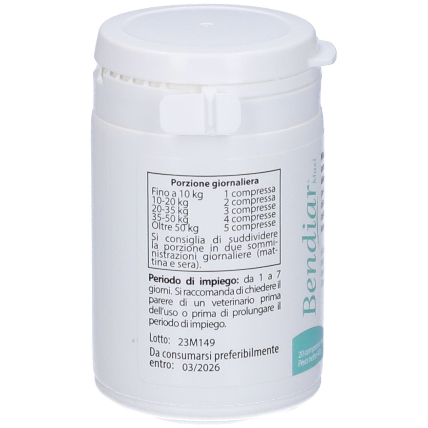Weiße Dose mit Text. Text: Bendiar, Maxi, 20 Compresse, Aurora biofarma. Dosierungsempfehlung. Mindesthaltbarkeitsdatum: 03/2026.