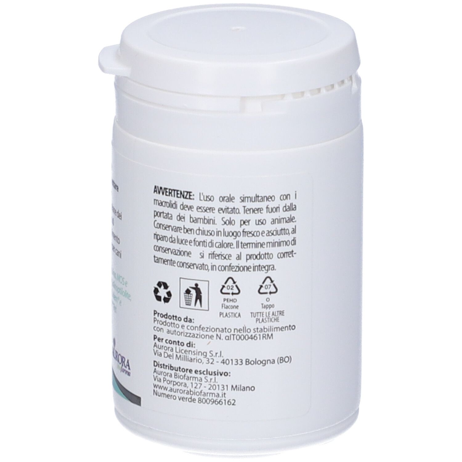 Weiße Dose mit Text und Symbolen. Text: Aurora biofarma. Warnhinweise. Recycling-Symbole. Hergestellt in Italien.