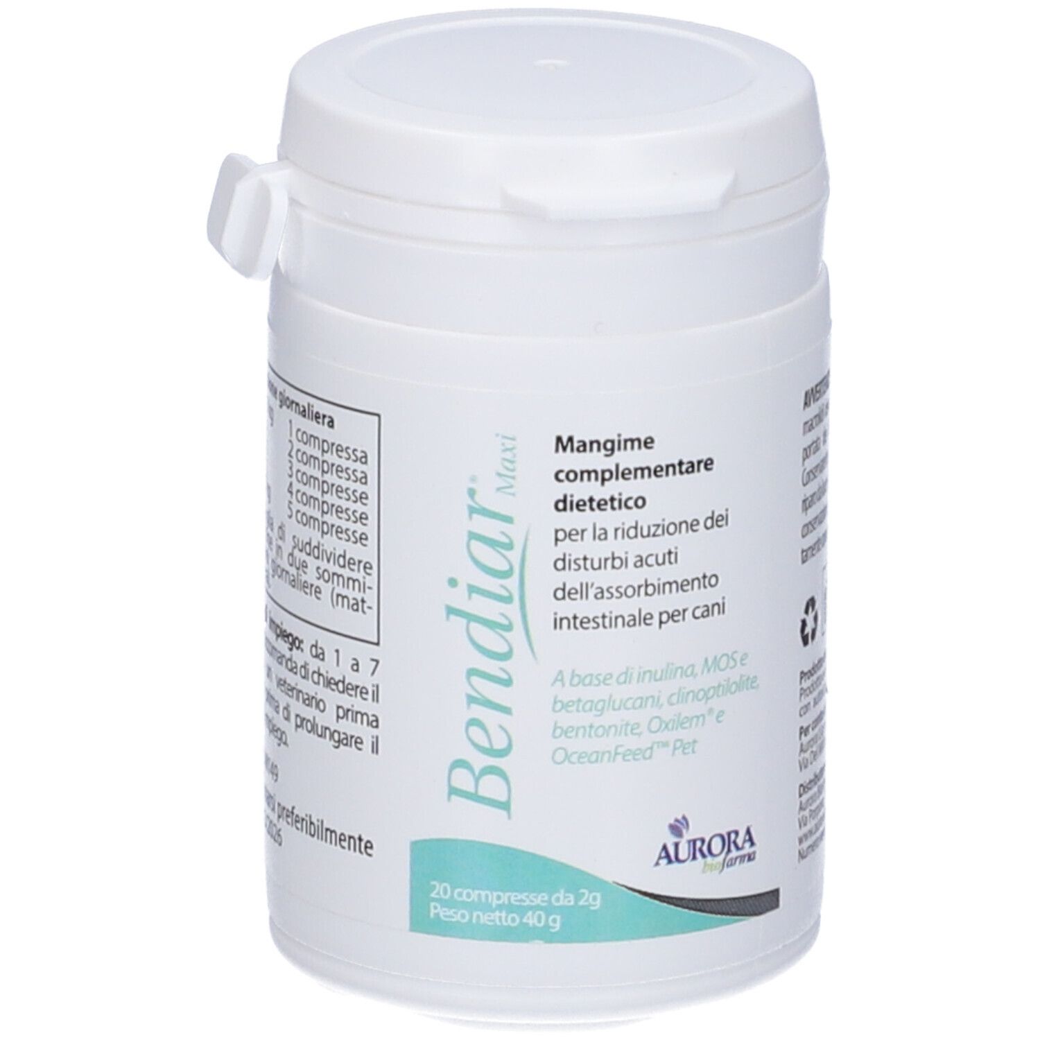 Weiße Dose mit grünem Etikett. Text: Bendiar Maxi, 20 Compresse, Aurora biofarma. Ergänzungsfuttermittel für Hunde.