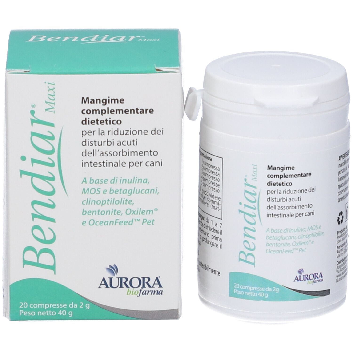 Weiße Dose und Schachtel. Text: Bendiar Maxi, 20 Compresse, Aurora biofarma. Ergänzungsfuttermittel für Hunde.