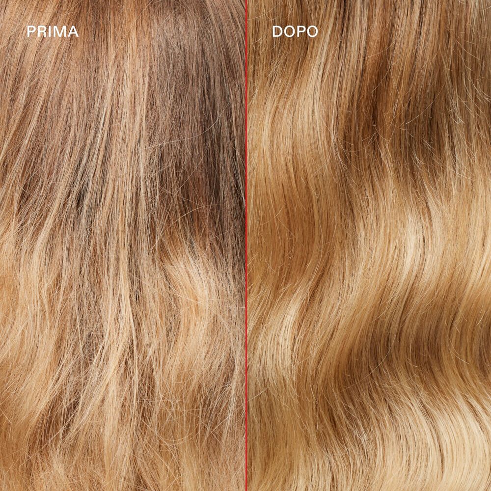 Vorher-Nachher-Vergleich von blondem Haar. Links: beschädigt. Rechts: glatt und gesund.