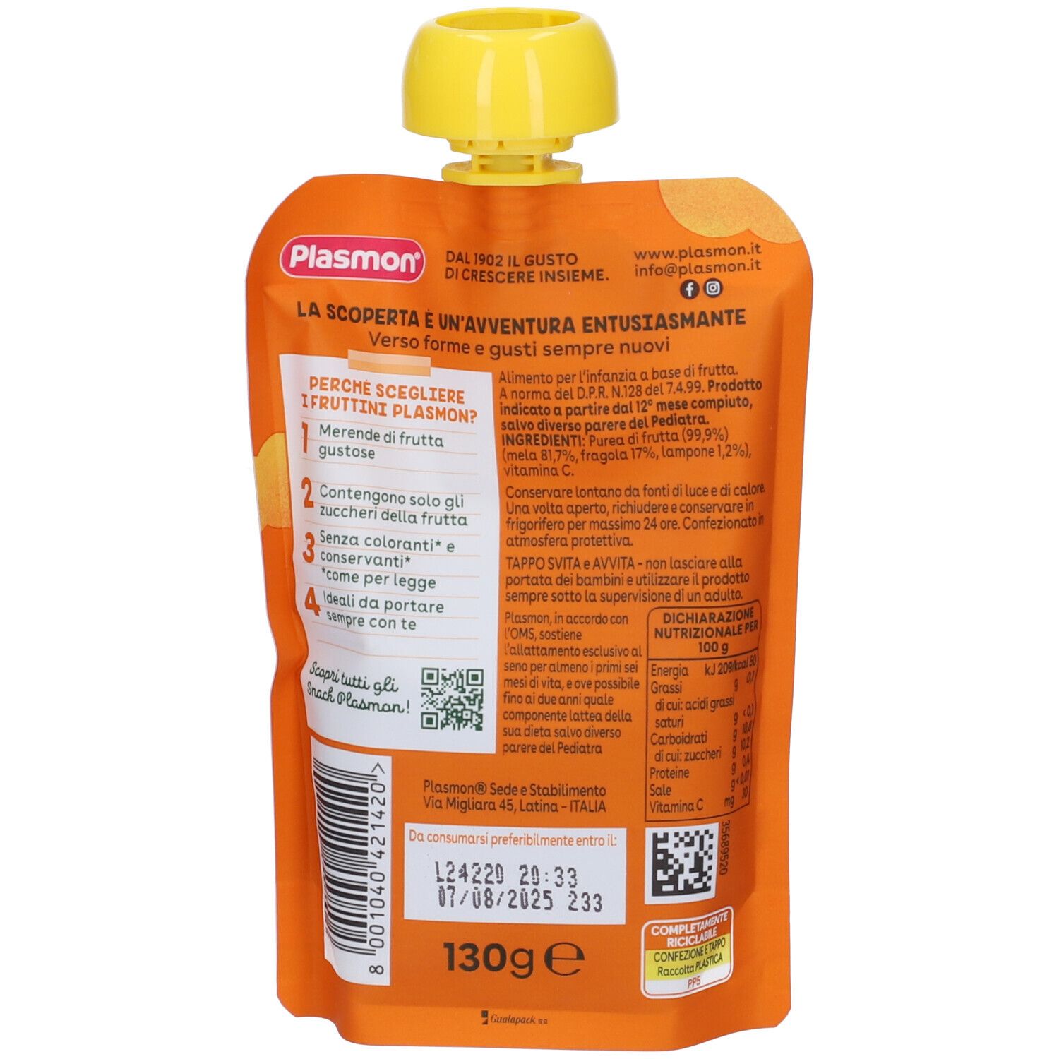 Plasmon purea di frutta in bustina spremibile arancione, 130g.