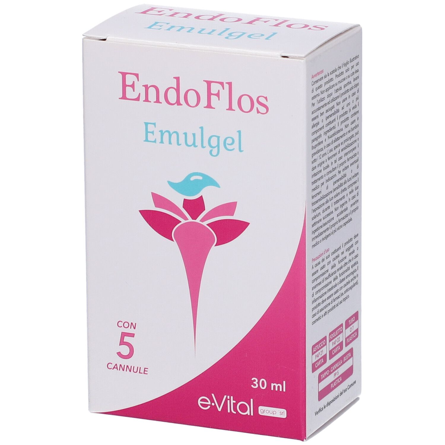 Scatola bianca con nome e logo del prodotto. Contiene 5 cannule e 30 ml. Marchio e-Vital.