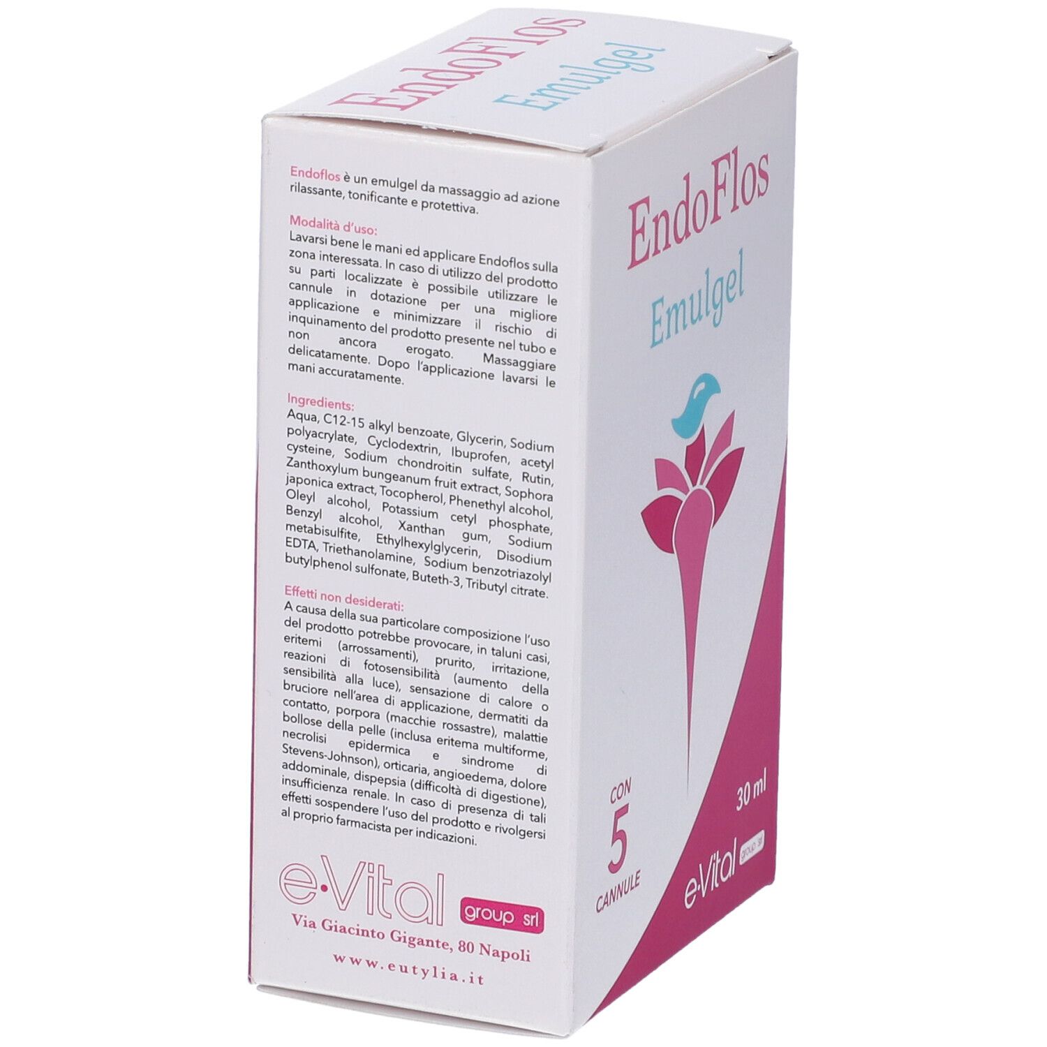 Confezione del prodotto con informazioni e ingredienti. Marchio e-Vital. Contiene 5 cannule.