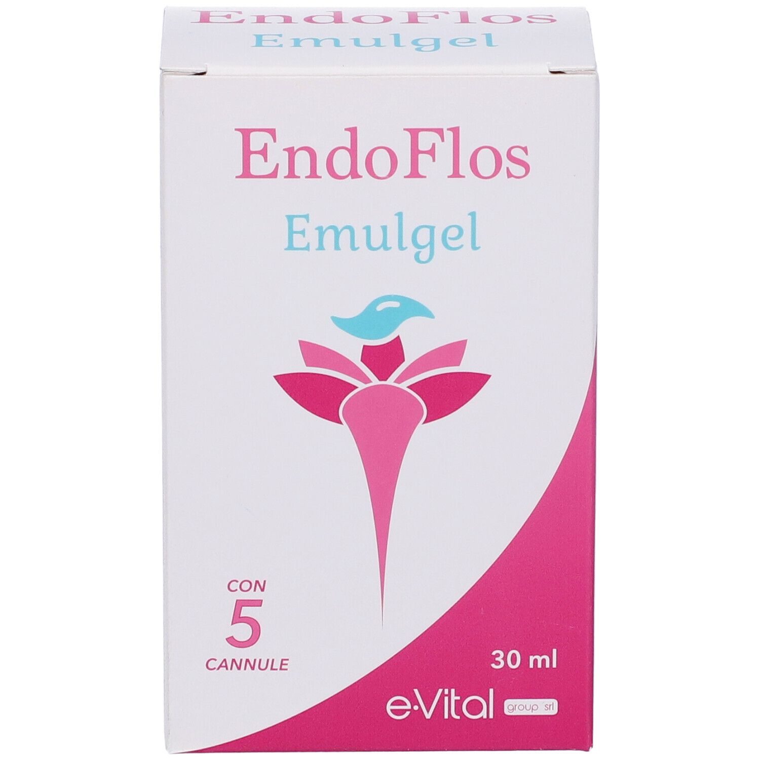 Scatola bianca con nome e logo del prodotto. Contiene 5 cannule e 30 ml. Marchio e-Vital.