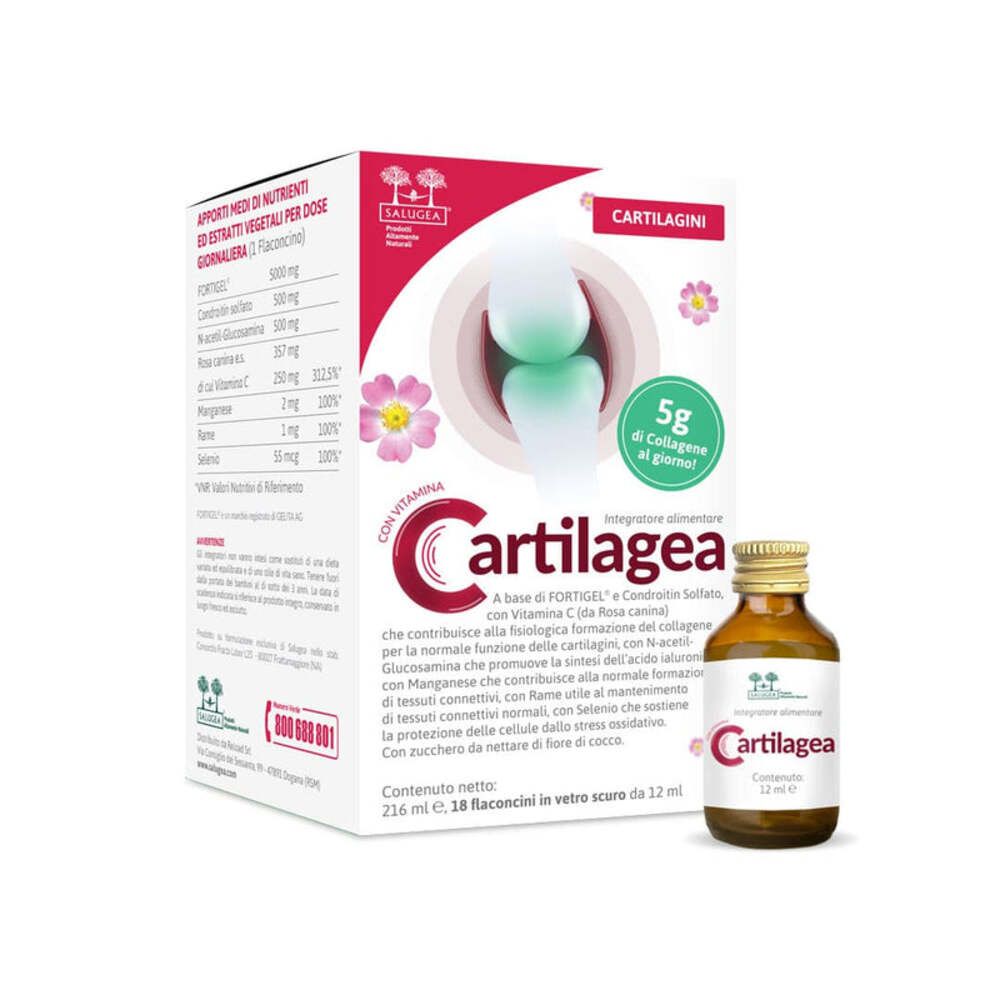 Scatola con flaconcino Cartilagea. Contiene 18 flaconcini. Con vitamina C. Integratore alimentare.