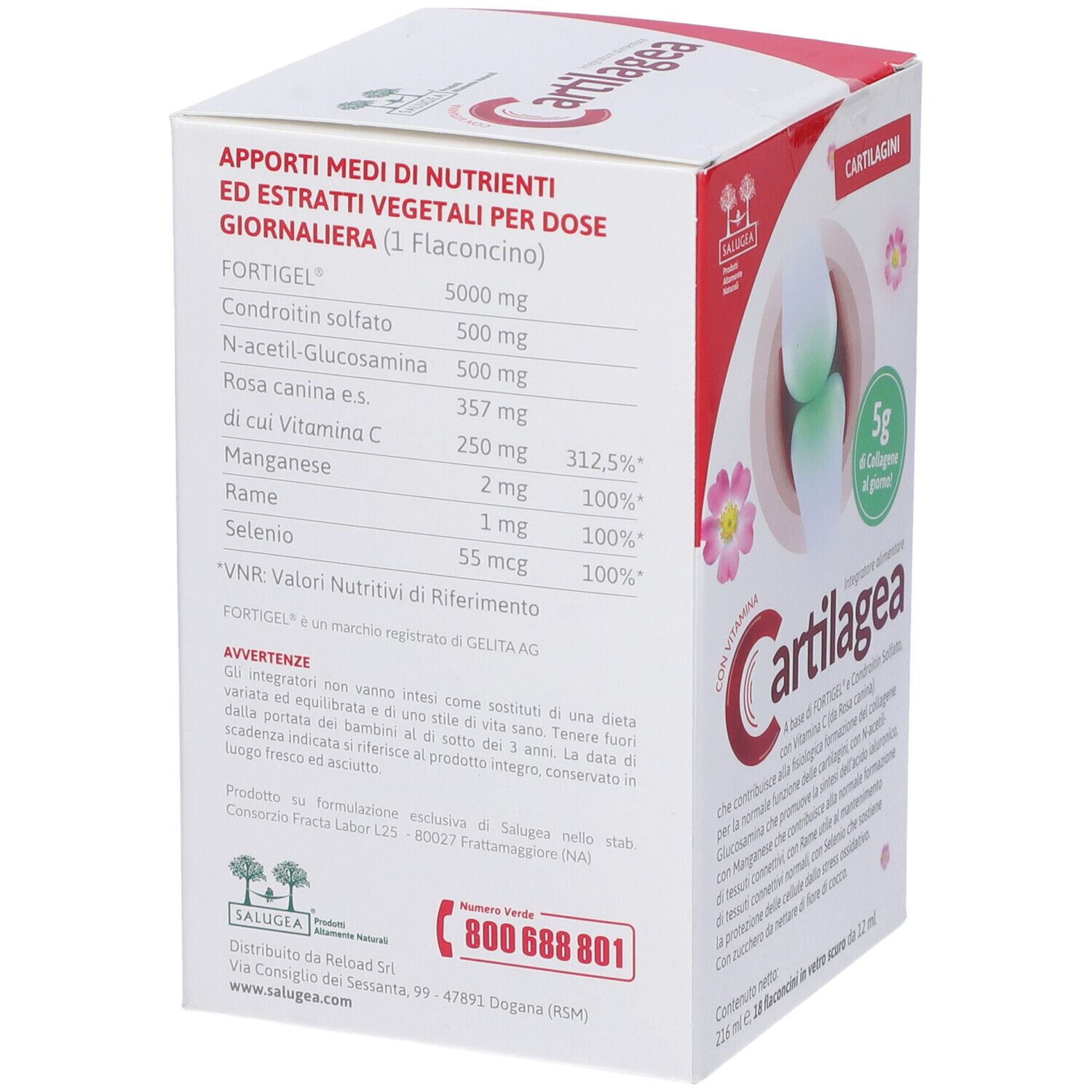 Retro della confezione Cartilagea. Contiene informazioni nutrizionali e ingredienti.