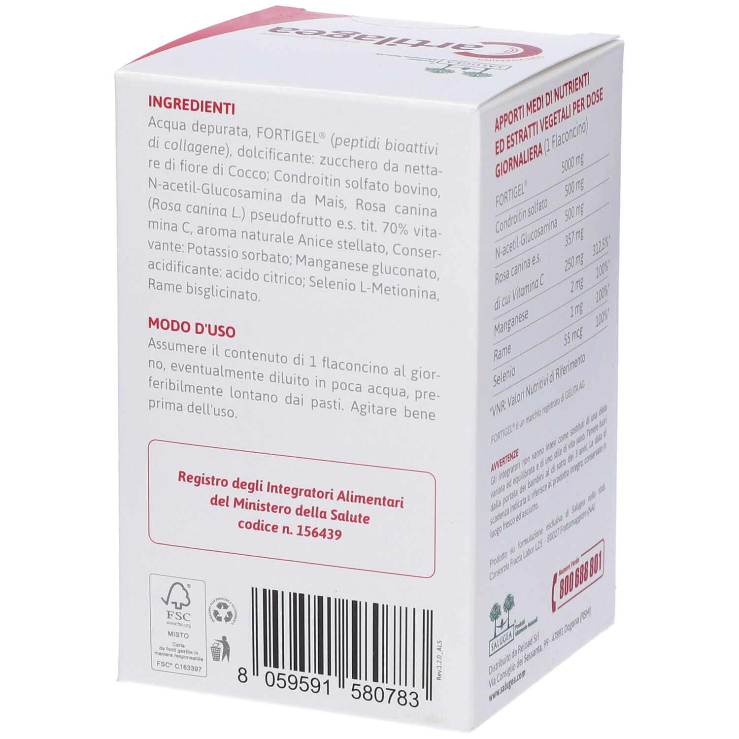 Retro della confezione Cartilagea. Contiene informazioni sugli ingredienti e i benefici.