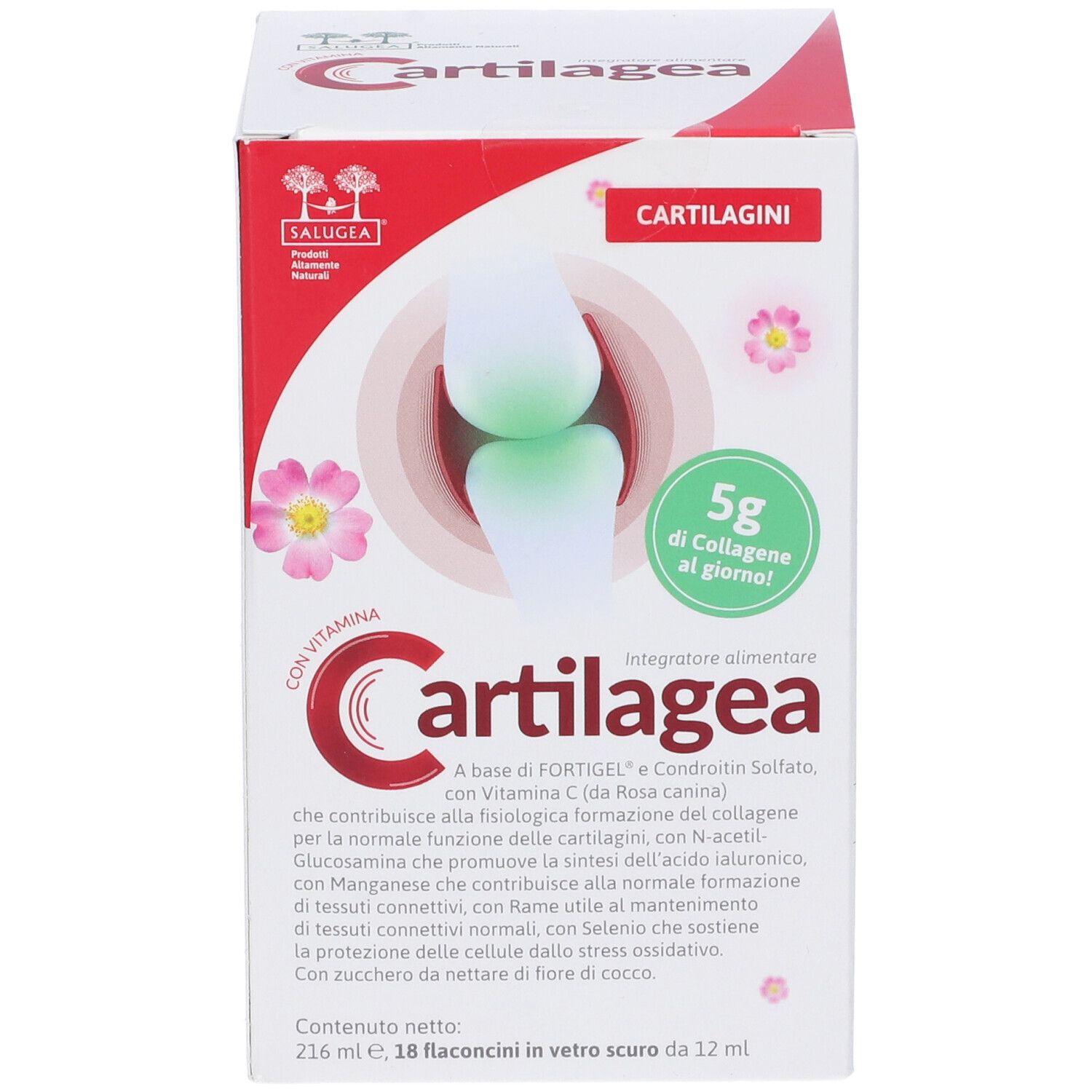 Confezione Cartilagea. Contiene 18 flaconcini. Con vitamina C. Integratore alimentare.
