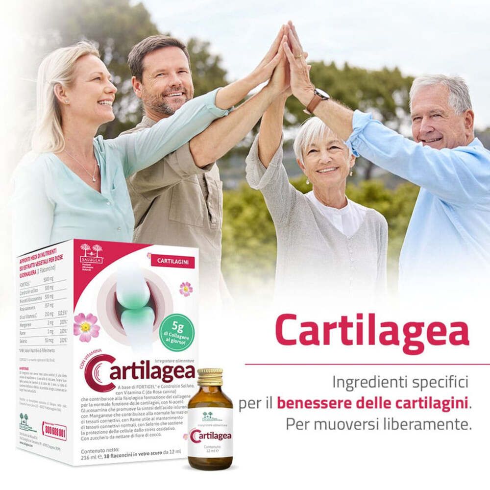 Gruppo di persone alza le mani. Confezione e flaconcino Cartilagea. Per cartilagini sane.