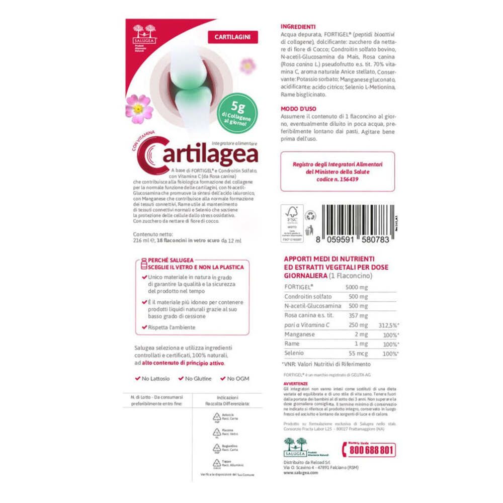 Retro della confezione Cartilagea. Contiene ingredienti, modo d'uso e informazioni nutrizionali.