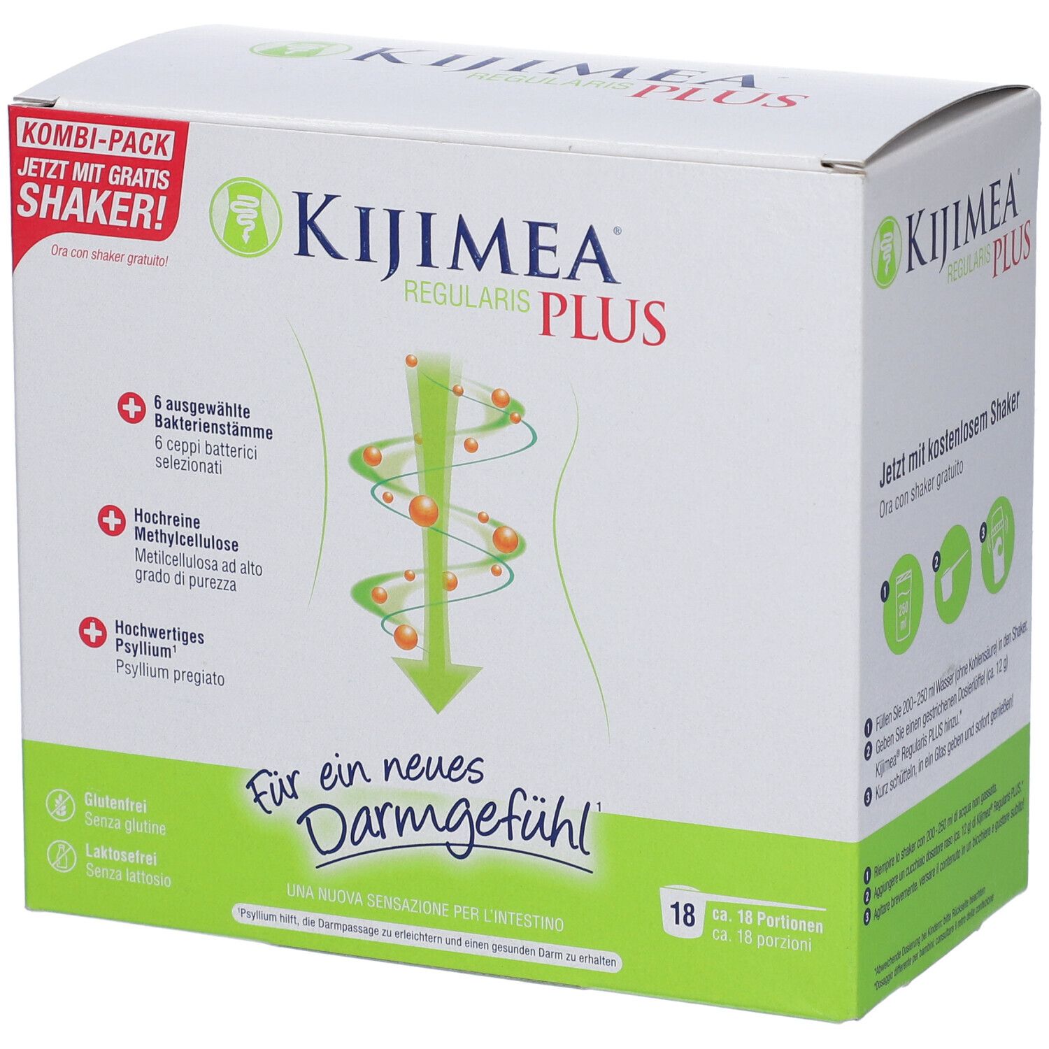 Confezione in cartone Kijimea Regularis Plus. Contiene 18 porzioni. Con shaker. Illustrazione del tratto digestivo.