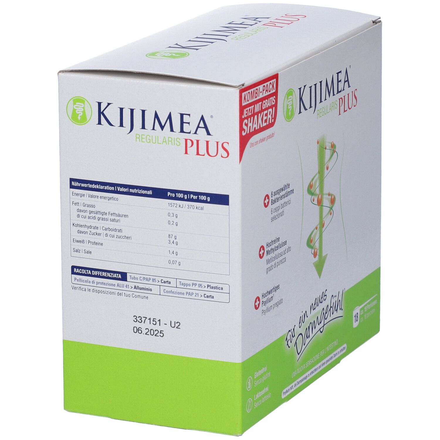 Confezione in cartone con informazioni nutrizionali e ingredienti. Scritta Kijimea Regularis Plus. 18 porzioni.