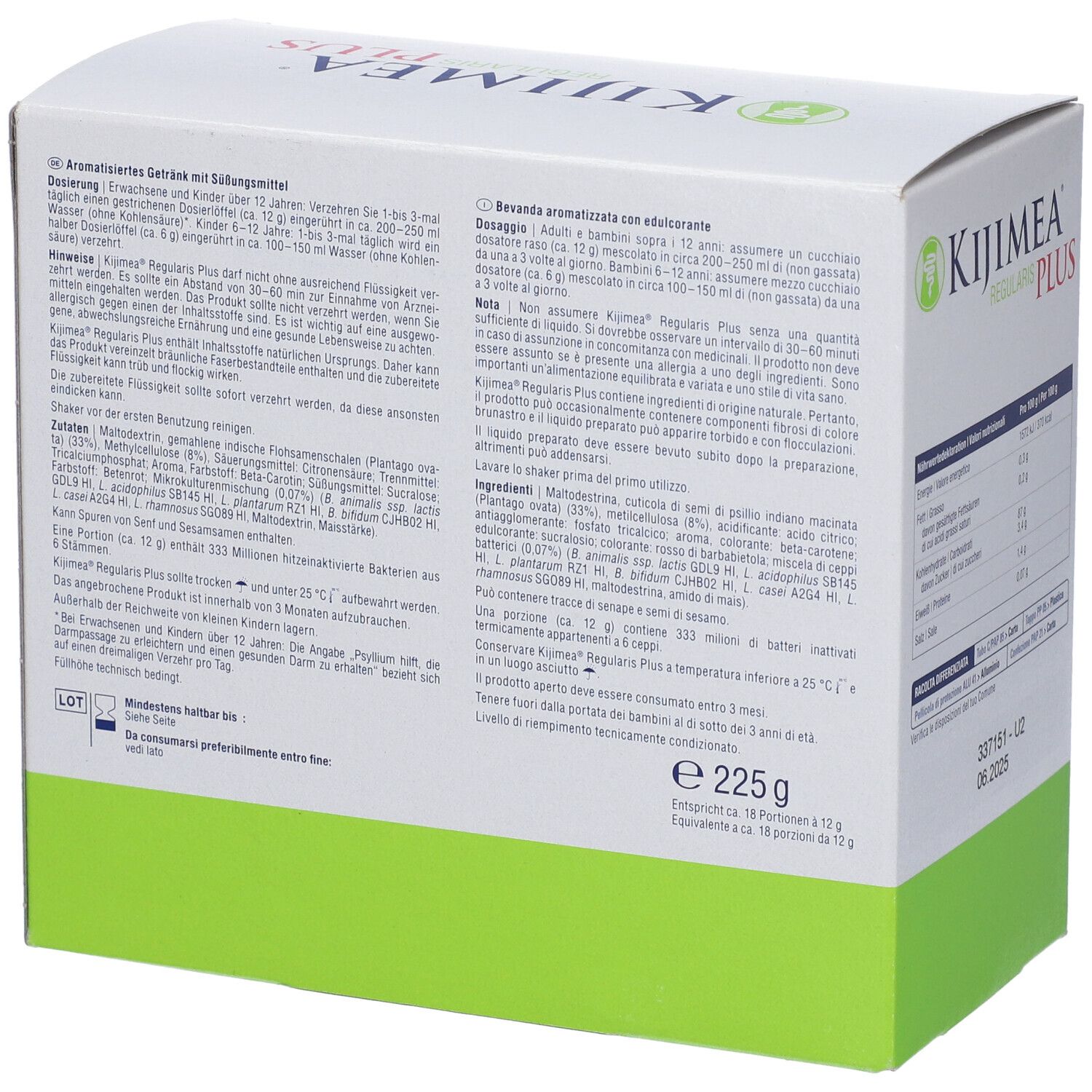 Confezione in cartone con istruzioni per l'uso. Scritta Kijimea Regularis Plus. 225g. Bevande aromatizzate.