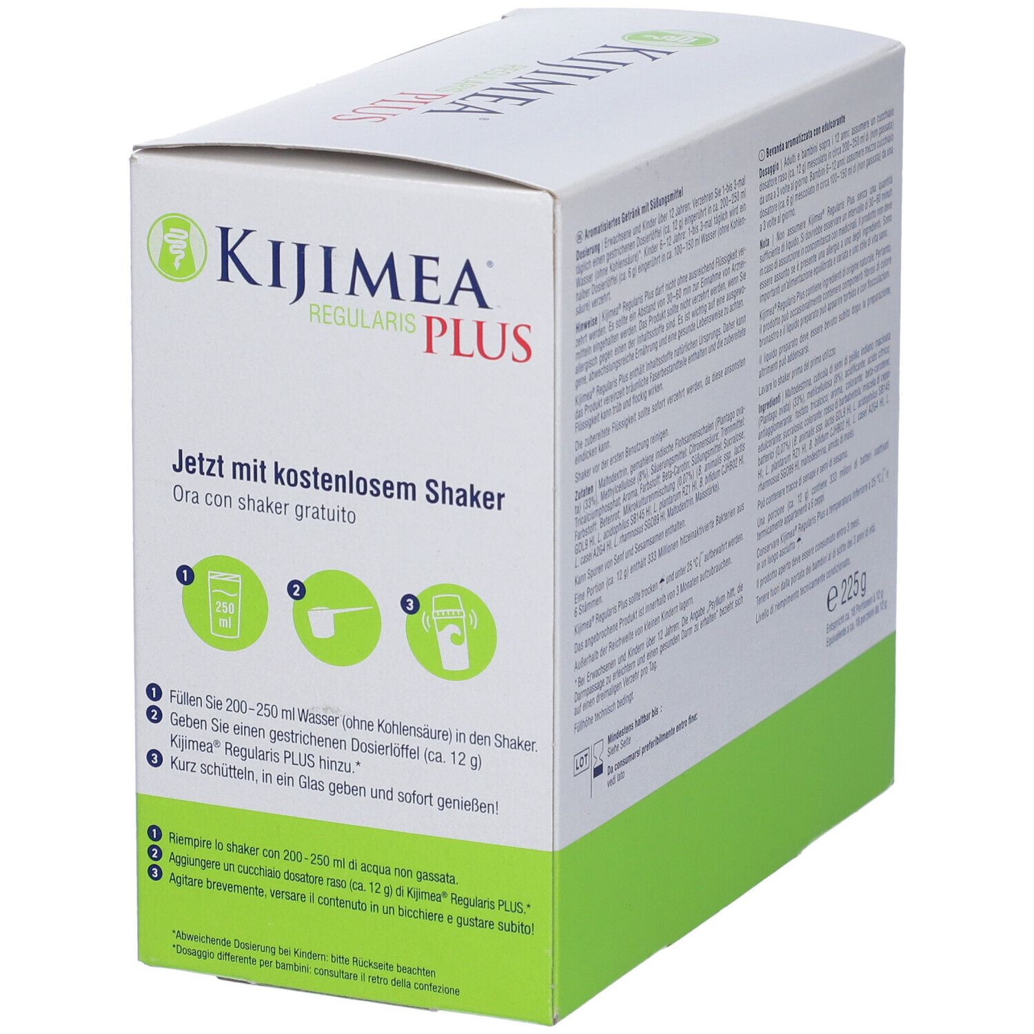 Confezione in cartone con istruzioni per la preparazione. Scritta Kijimea Regularis Plus. Con shaker.