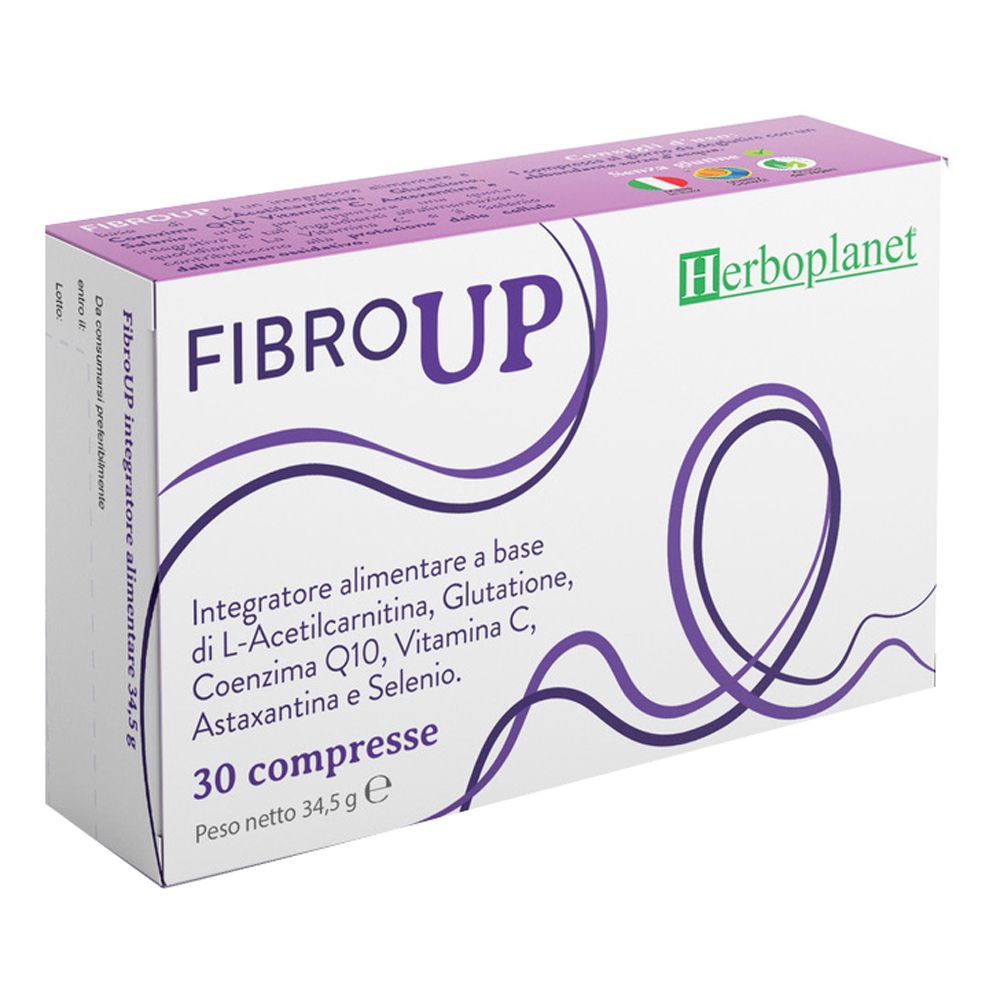 Scatola di compresse "Fibro Up". Confezione viola e bianca con informazioni sul prodotto e logo.