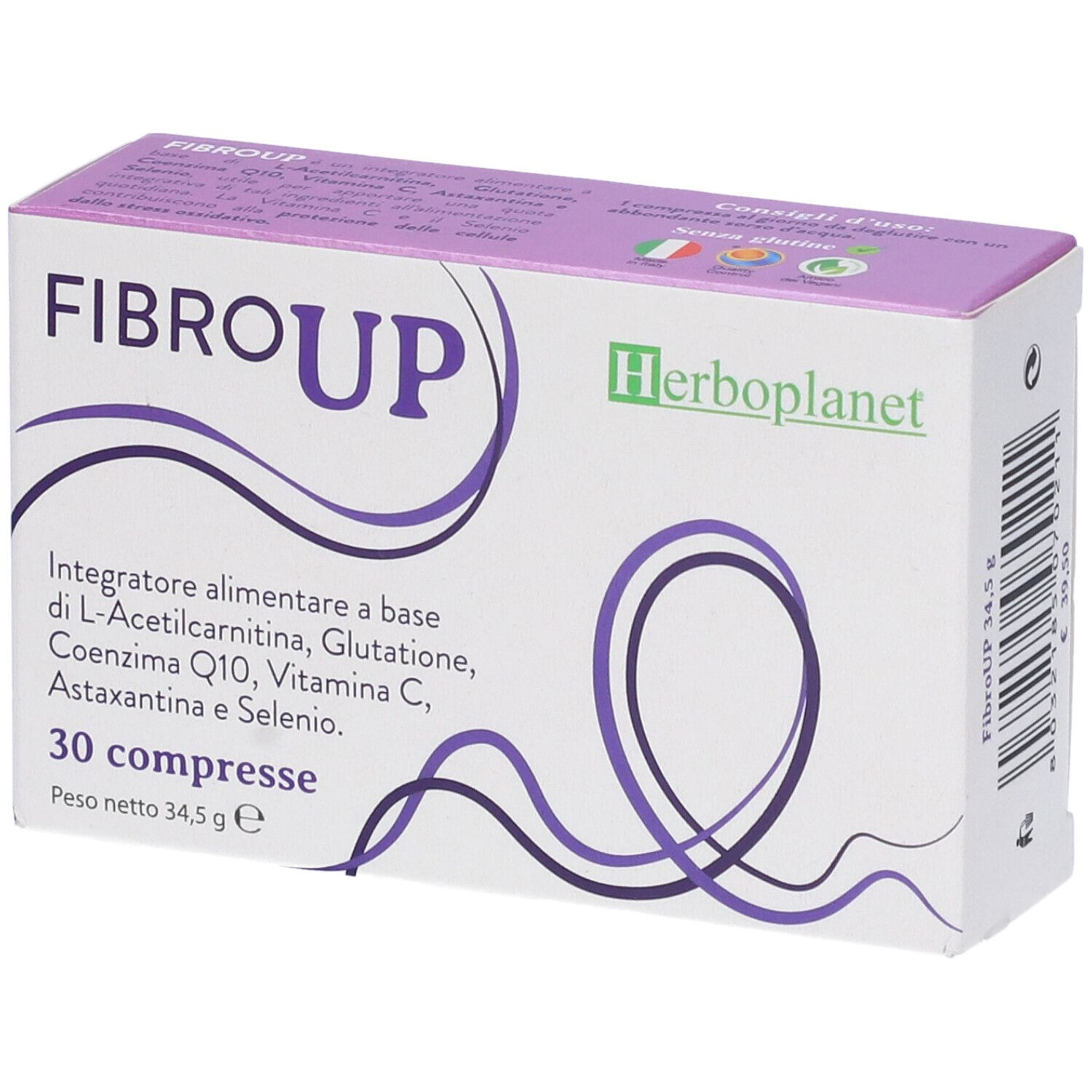 Scatola di compresse "Fibro Up", vista obliqua. Confezione viola e bianca con informazioni.