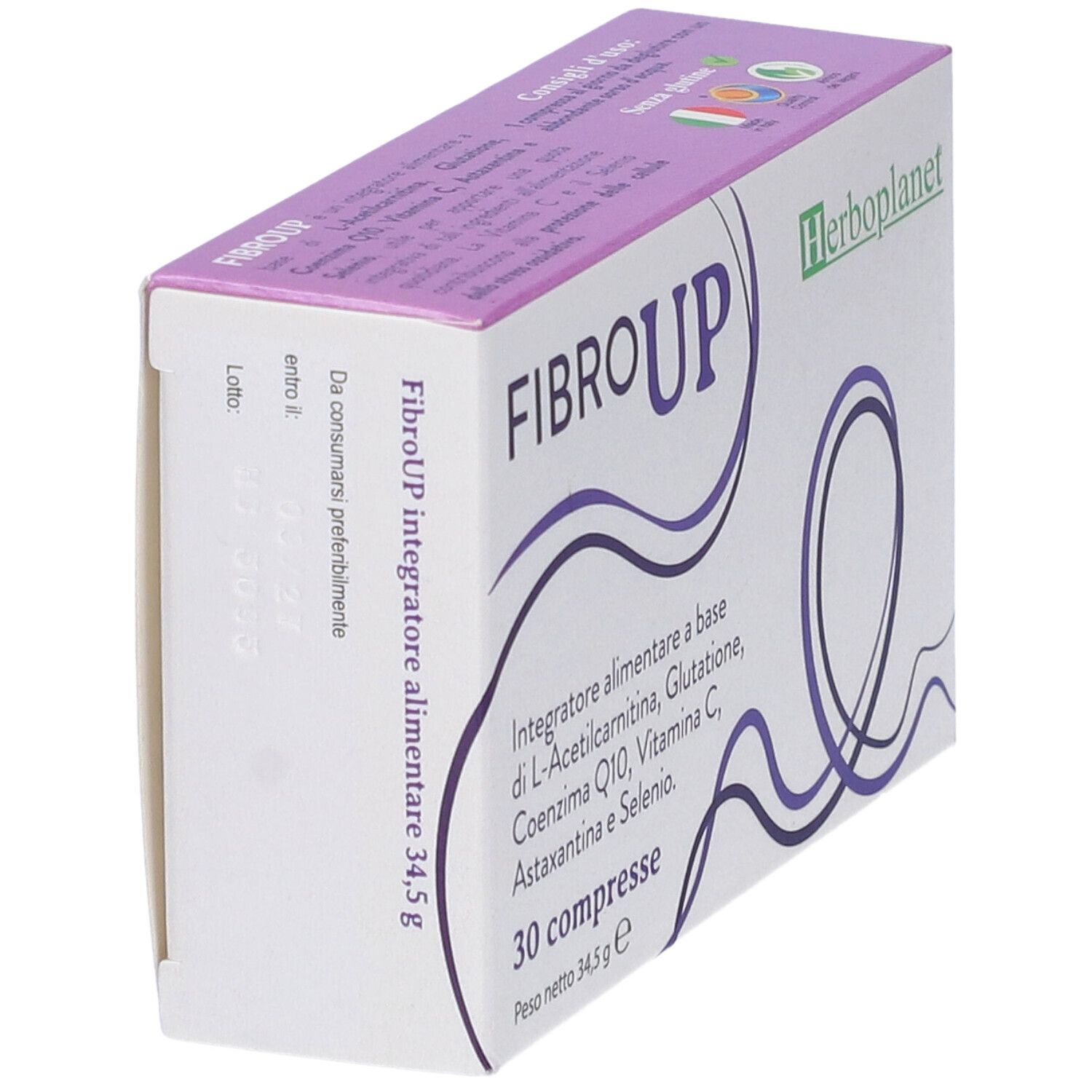 Scatola di compresse "Fibro Up", vista laterale. Confezione viola e bianca con informazioni.