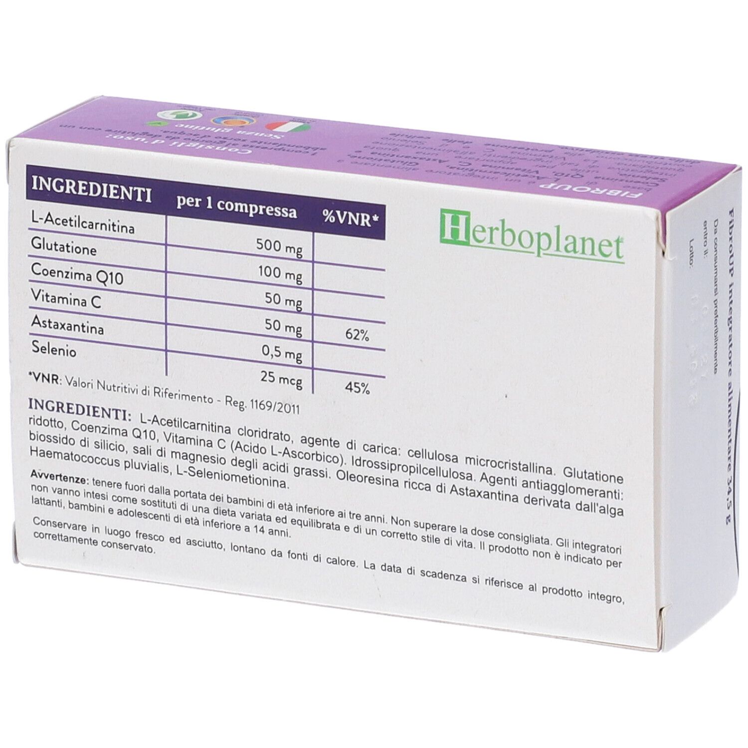 Retro della scatola di compresse "Fibro Up". Ingredienti e informazioni nutrizionali.