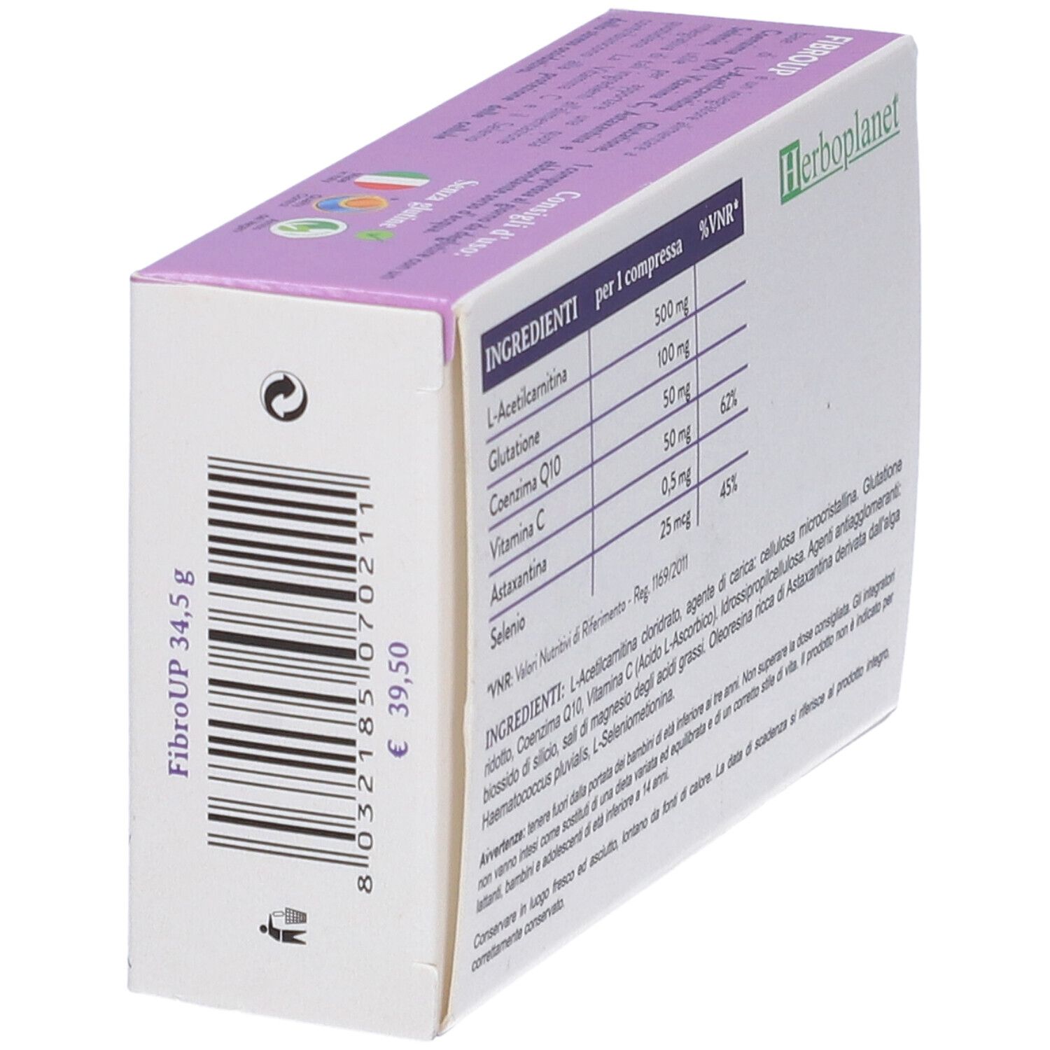 Retro della scatola di compresse "Fibro Up". Ingredienti e informazioni nutrizionali.