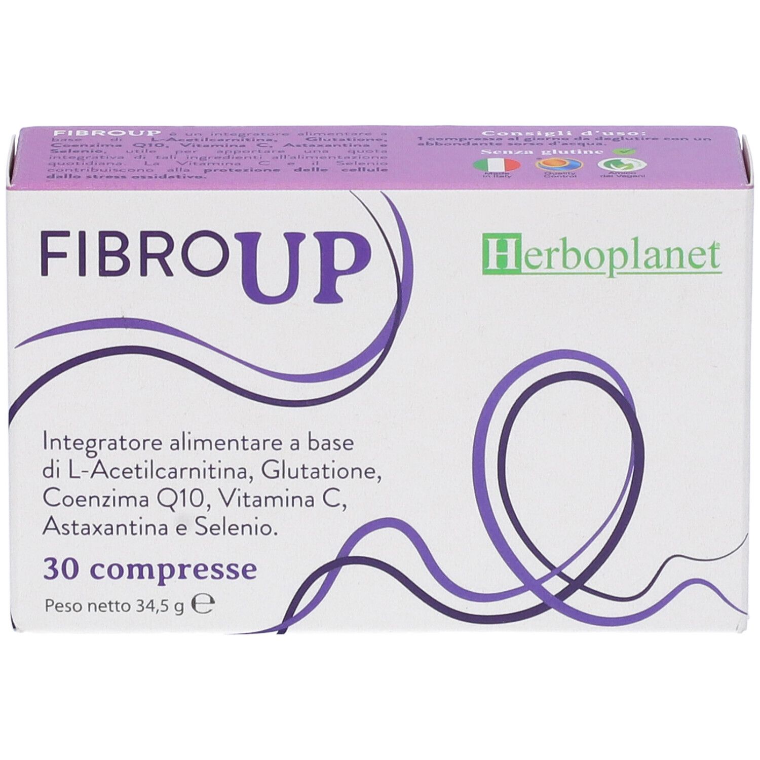 Scatola di compresse "Fibro Up". Confezione viola e bianca con informazioni e logo.