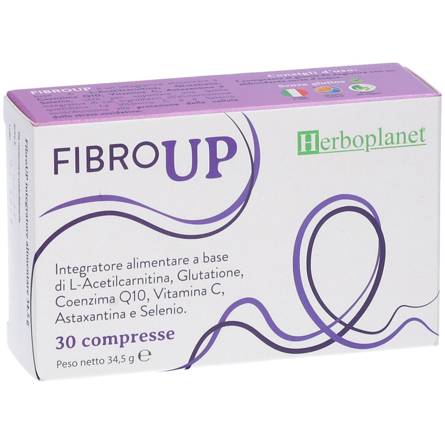 Scatola di compresse "Fibro Up", obliqua. Confezione viola e bianca con informazioni e logo.