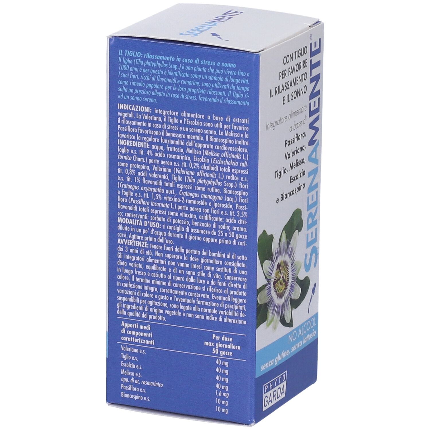 Seitenansicht der SERENAMENTE-Box. Text: Inhaltsstoffe, Gebrauchsanweisung. Enthält Passionsblume, Baldrian, Linde, Melisse, Weißdorn. Glutenfrei, laktosefrei.