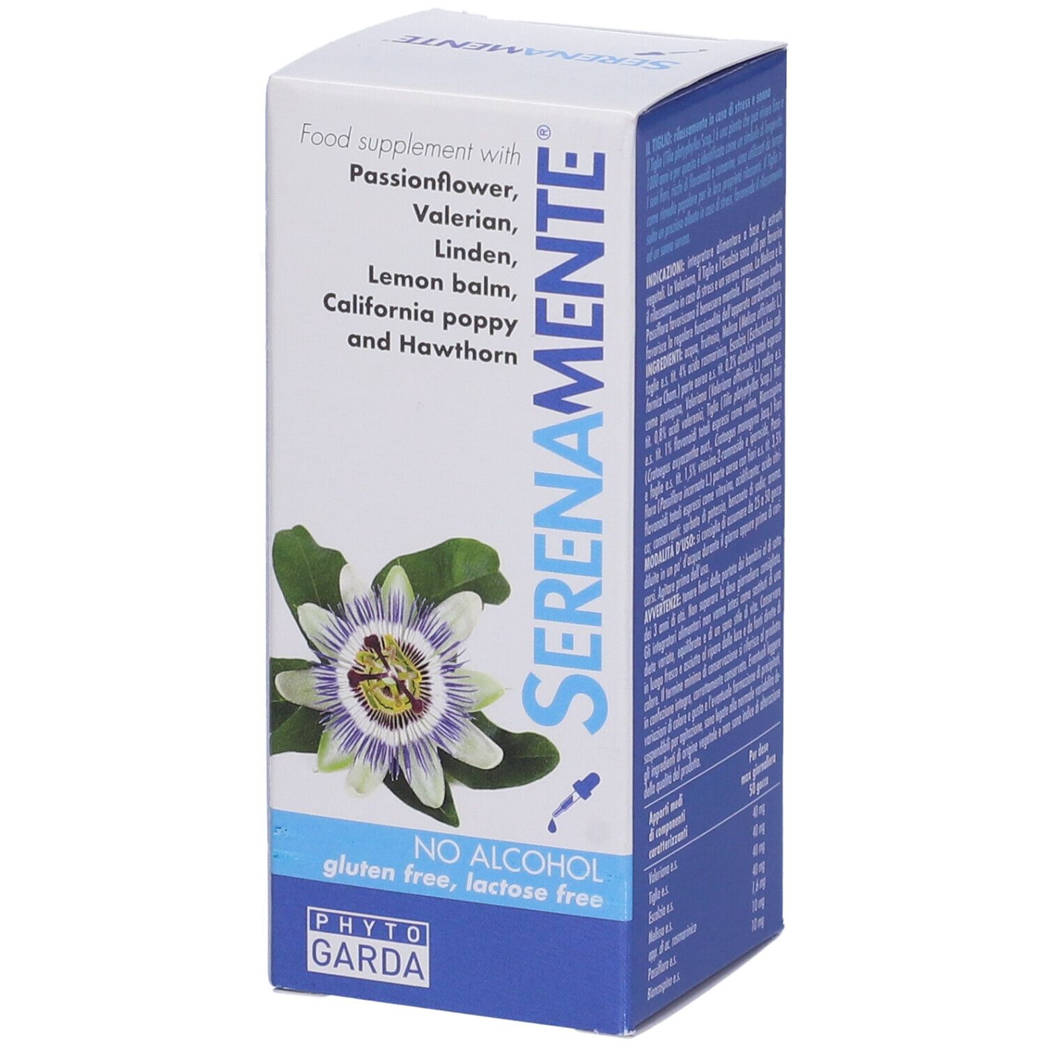 SERENAMENTE-Box. Enthält Passionsblume, Baldrian, Linde, Zitronenmelisse, kalifornischen Mohn und Weißdorn. Glutenfrei, laktosefrei. PHYTO GARDA.