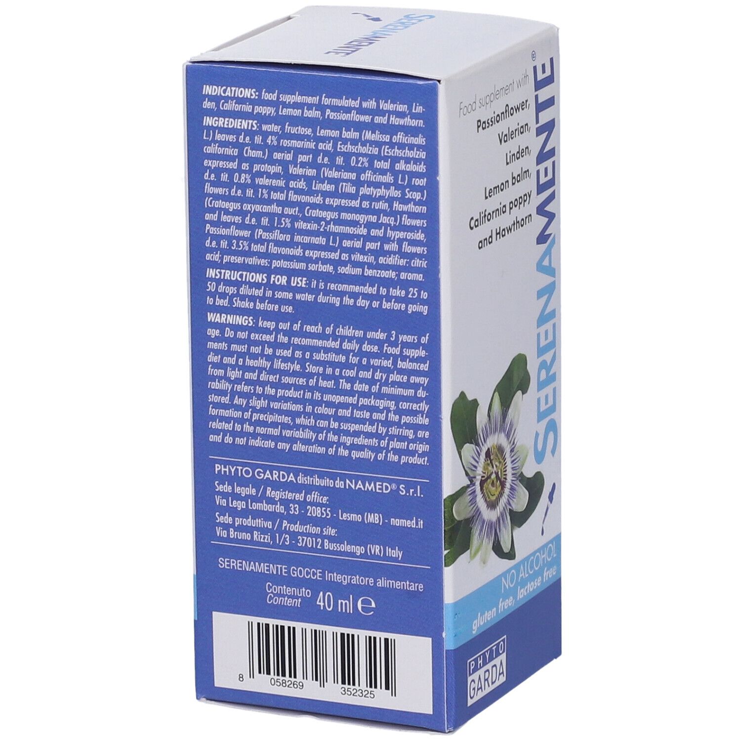 Rückseite der SERENAMENTE-Box. Inhaltsstoffe, Gebrauchsanweisung. Enthält Passionsblume, Baldrian, Linde, Zitronenmelisse, Weißdorn. Glutenfrei, laktosefrei.