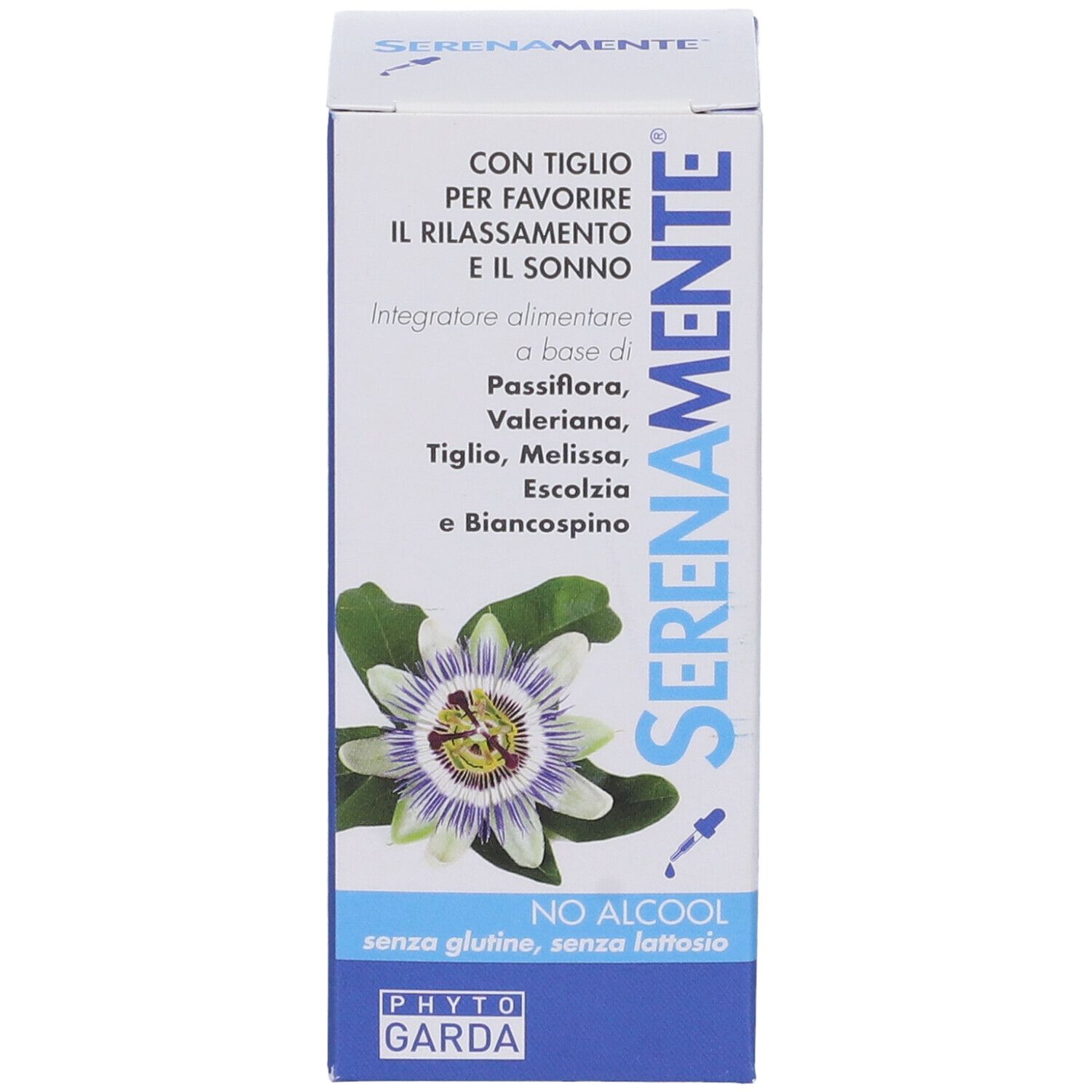 SERENAMENTE-Box. Enthält Passionsblume, Baldrian, Linde, Melisse, Weißdorn. Glutenfrei, laktosefrei. PHYTO GARDA.