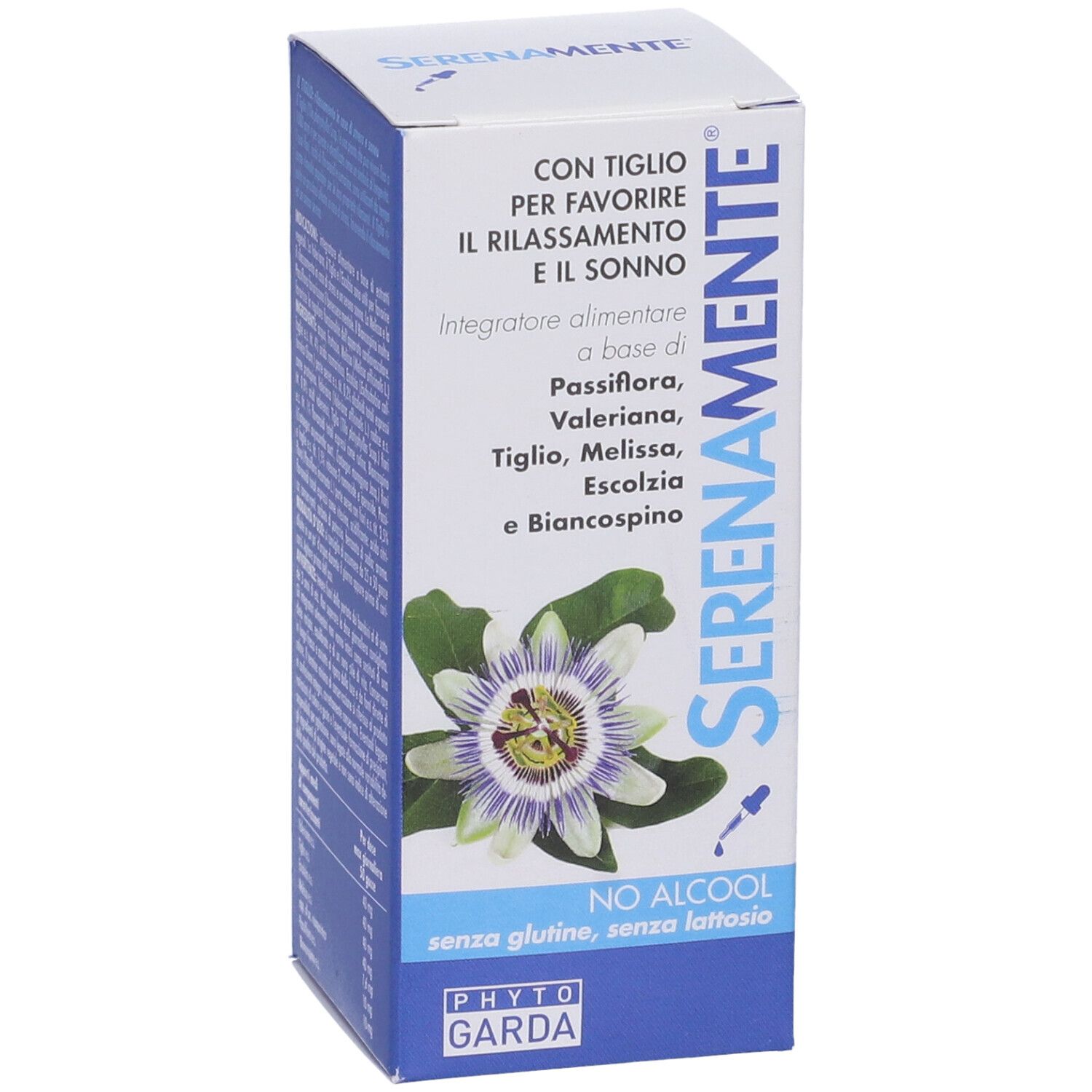 SERENAMENTE-Box. Enthält Passionsblume, Baldrian, Linde, Melisse, Weißdorn. Glutenfrei, laktosefrei. PHYTO GARDA.