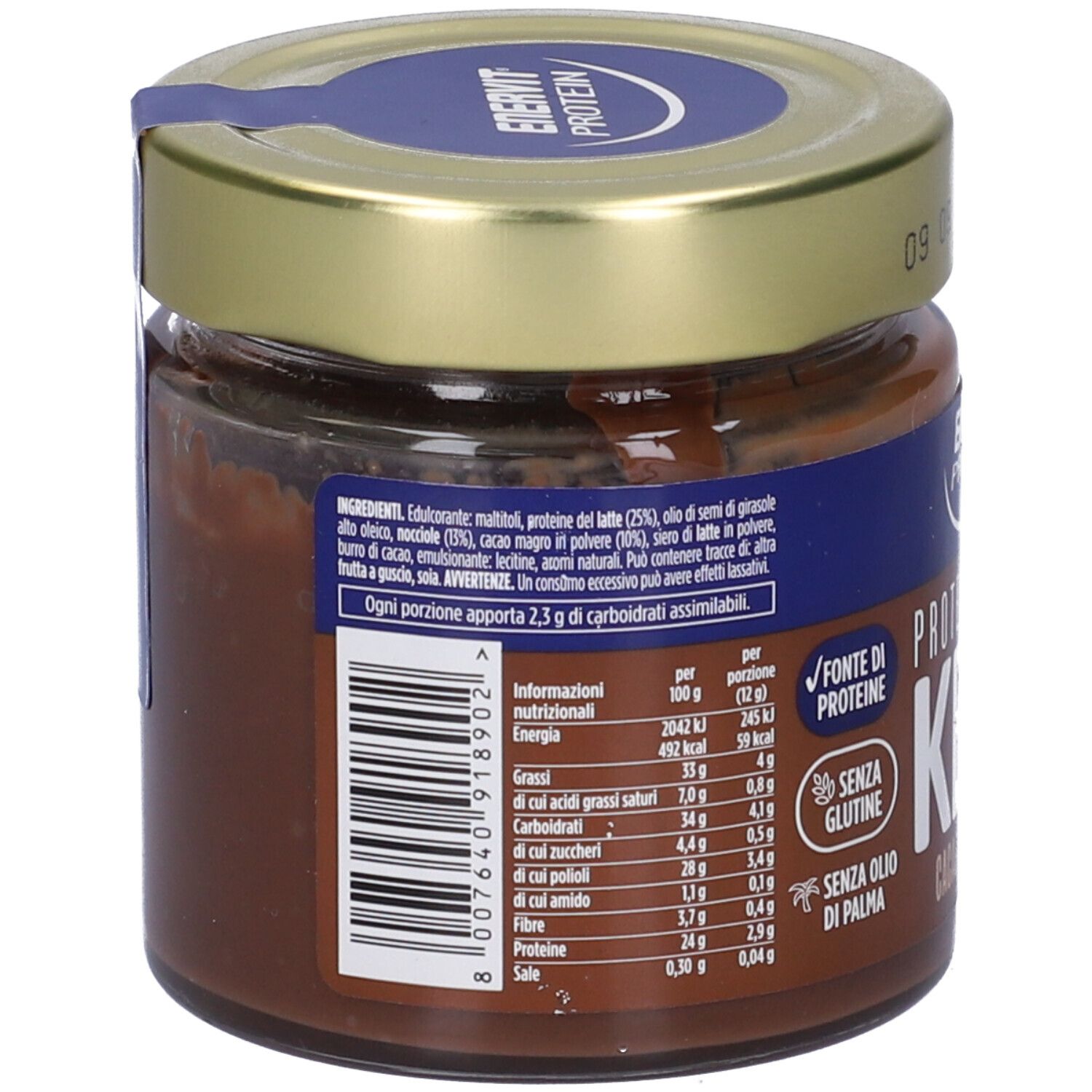 Rückseite des Glases mit Keto-Protein-Creme. Zutatenliste, Nährwertangaben und Barcode. Aufschrift: Enervit Protein, Keto, Cacao & Nocciole.