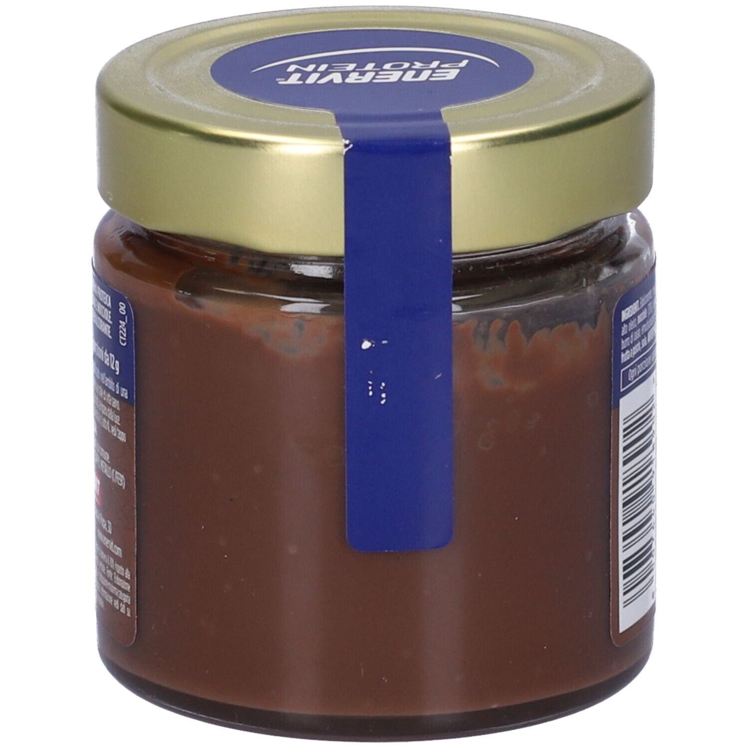 Rückseite des Glases mit Keto-Protein-Creme. Aufkleber mit Produktinformationen. Aufschrift: Enervit Protein.