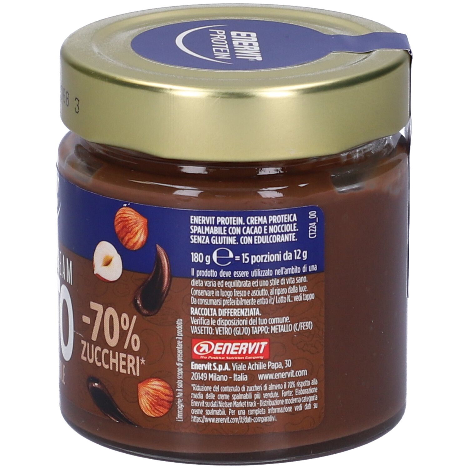 Rückseite des Glases mit Keto-Protein-Creme. Aufschrift: Enervit Protein, Keto, Cacao & Nocciole, -70% Zucker. Mit Haselnuss- und Kakaobohnen-Illustrationen. 180g.