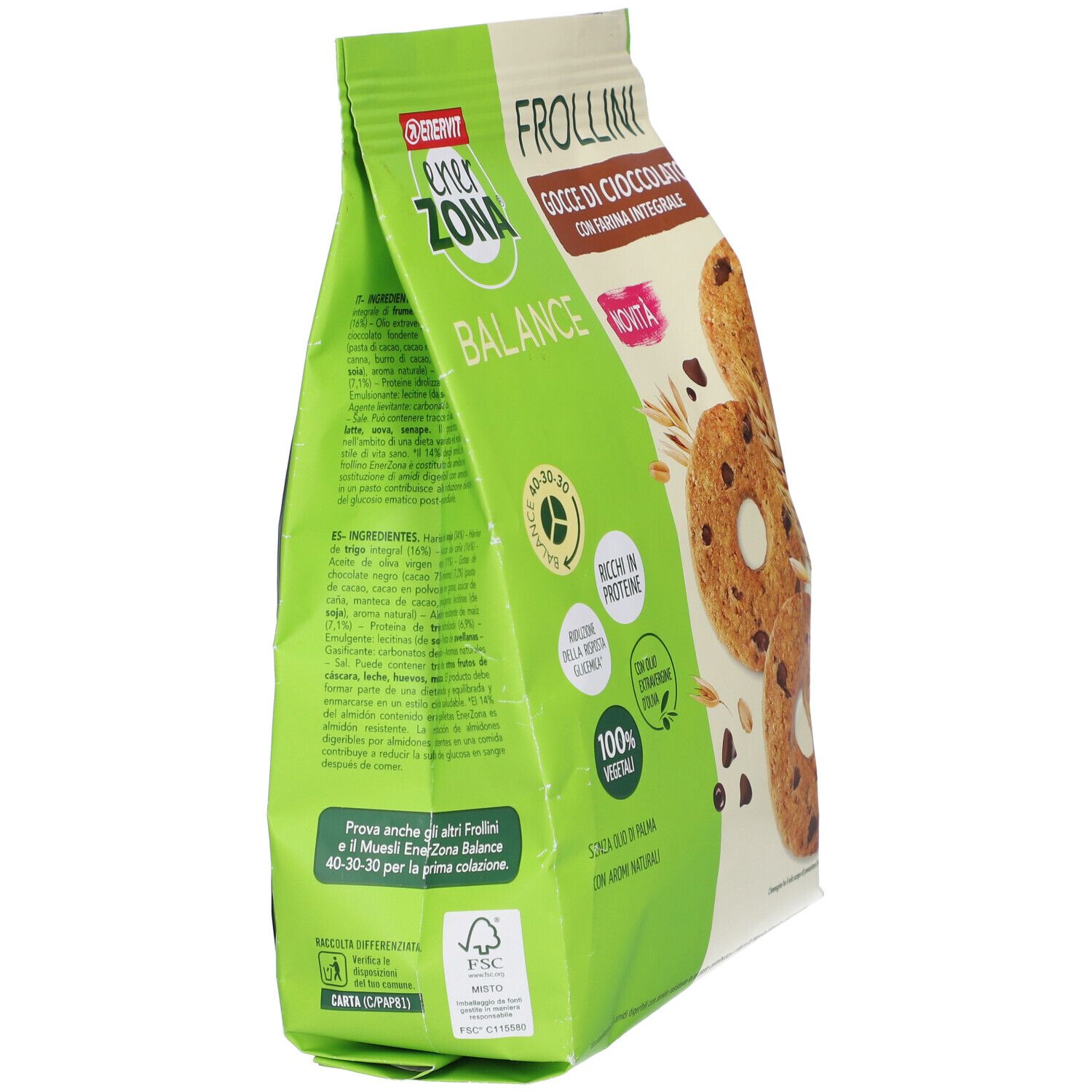 Vue latérale du paquet de Frollini. Sachet vert et blanc avec texte et informations sur le produit. Marque : Enervit Enerzona.