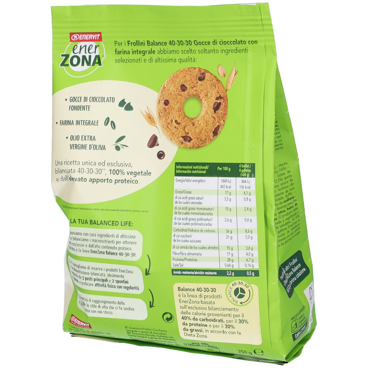 Dos du paquet de Frollini. Sachet vert et blanc avec informations nutritionnelles et texte. Marque : Enervit Enerzona.
