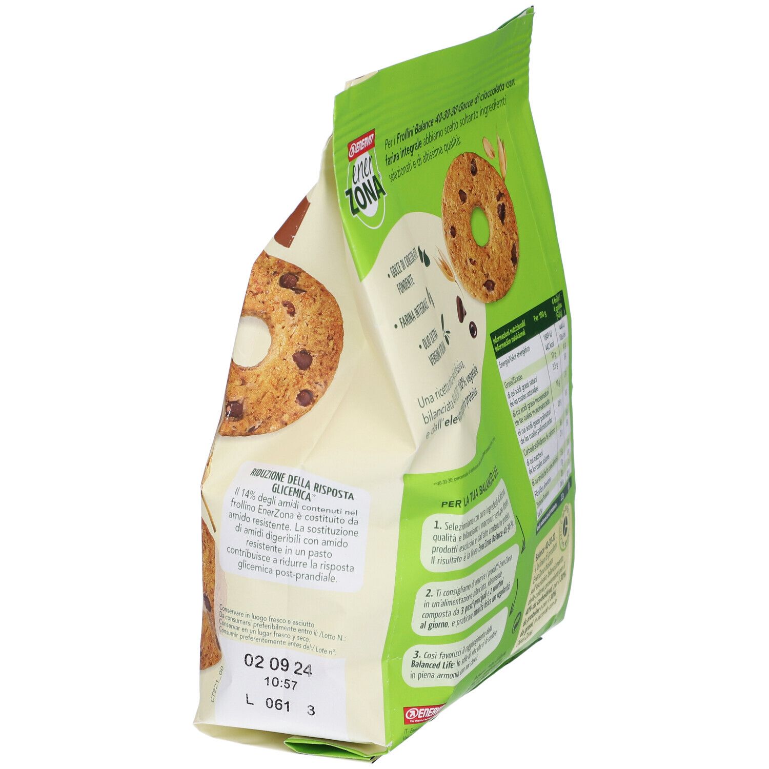 Paquet de Frollini en biais. Sachet vert et blanc avec texte et informations sur le produit. Marque : Enervit Enerzona.