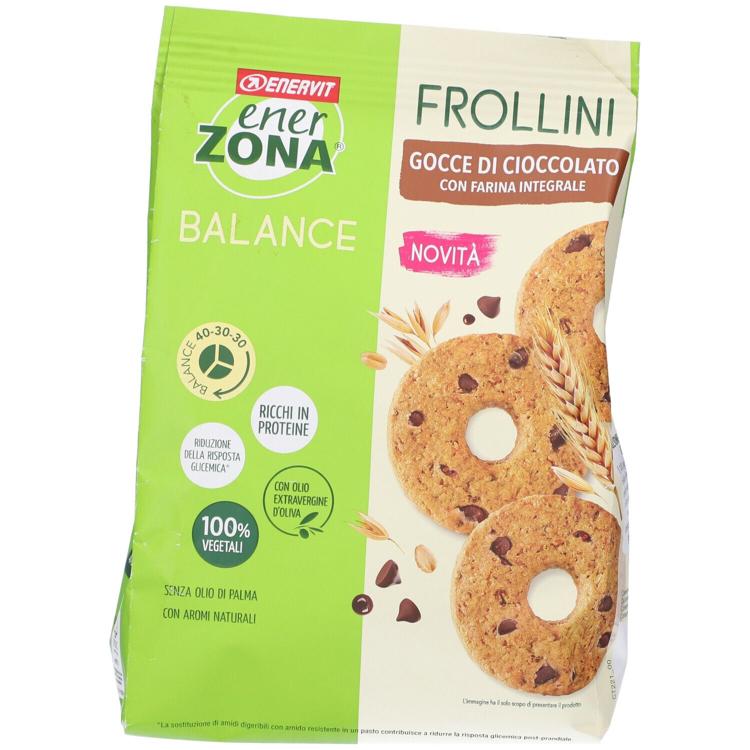 Paquet de Frollini aux pépites de chocolat. Sachet vert et blanc avec image du produit et texte. Marque : Enervit Enerzona.