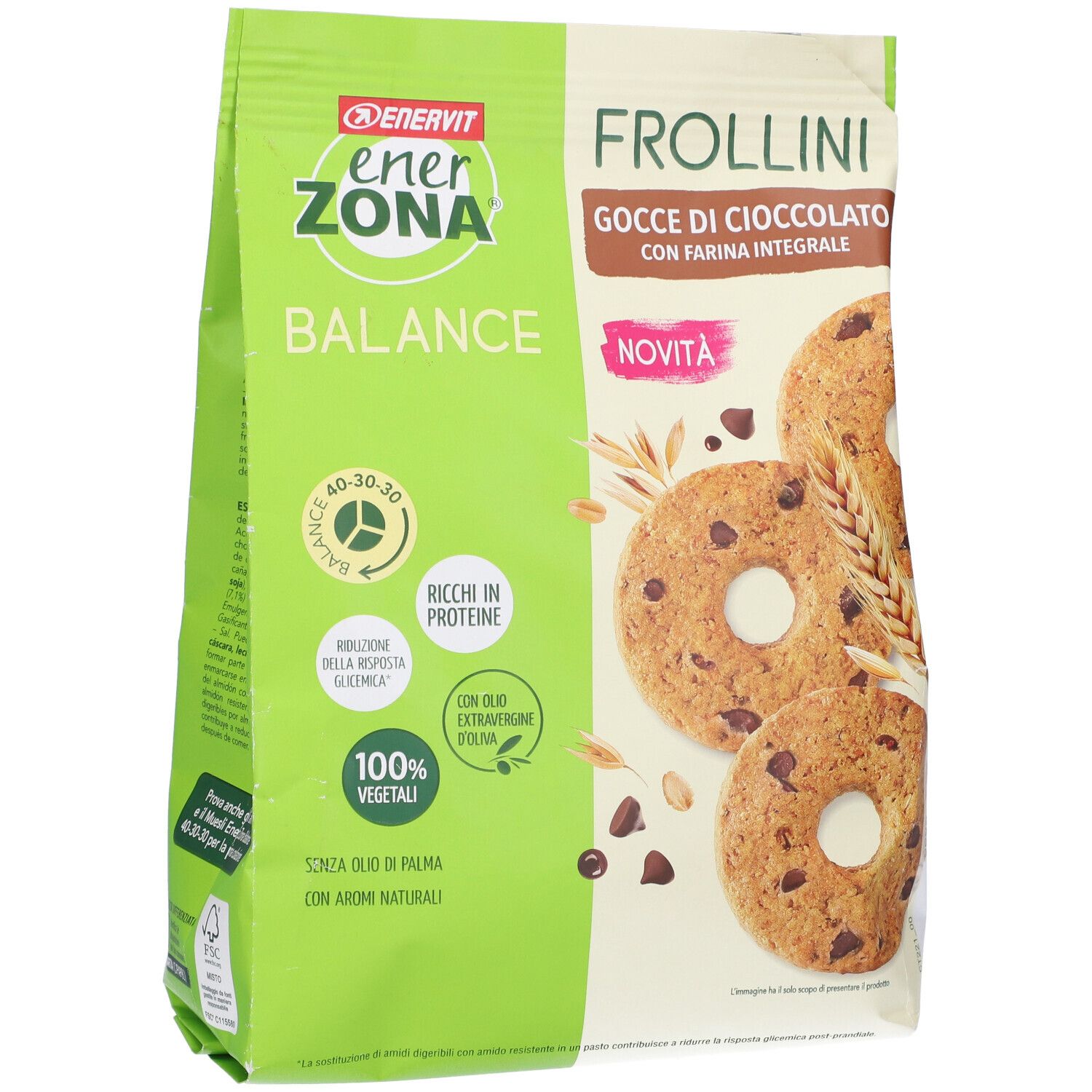 Paquet de Frollini aux pépites de chocolat. Sachet vert et blanc avec image du produit et texte. Marque : Enervit Enerzona.