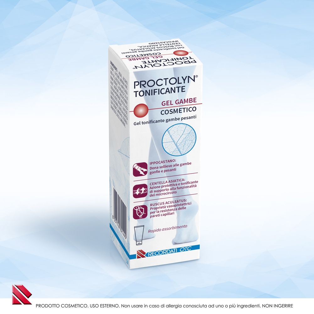 Verpackung für Proctolyn Tonificante Gel Gambe Cosmetico, mit Produktinformationen und Icons.
