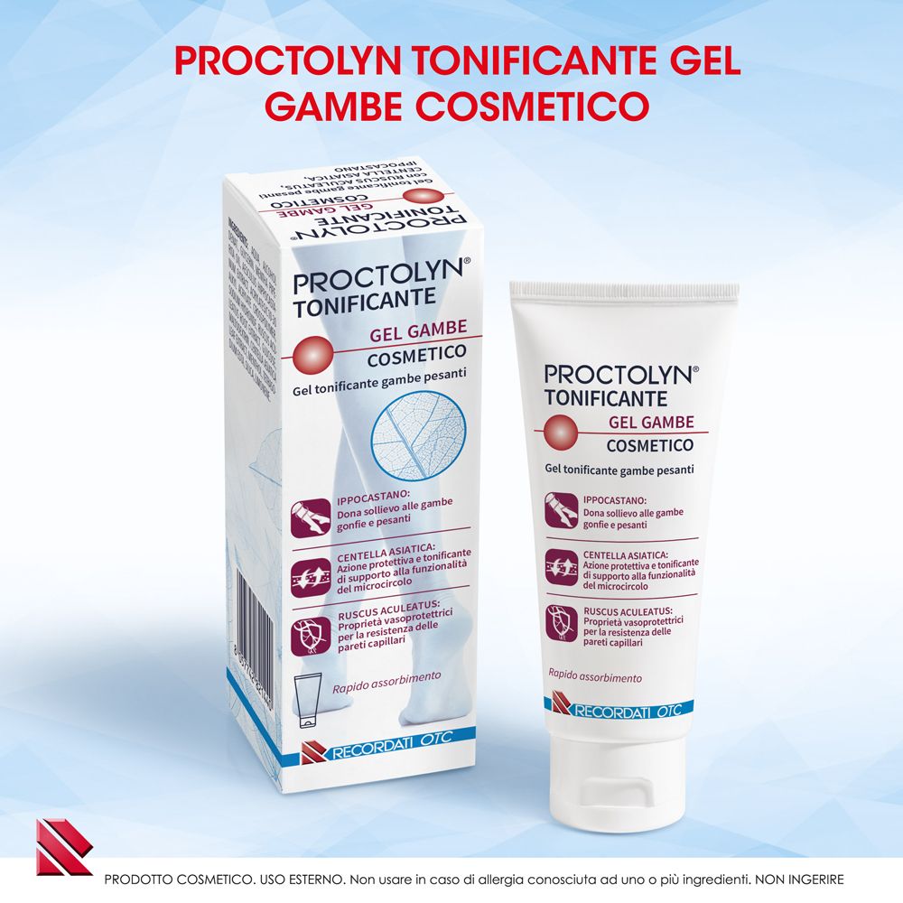 Proctolyn Tonificante Gel Gambe Cosmetico Verpackung und Tube, mit Produktinformationen.