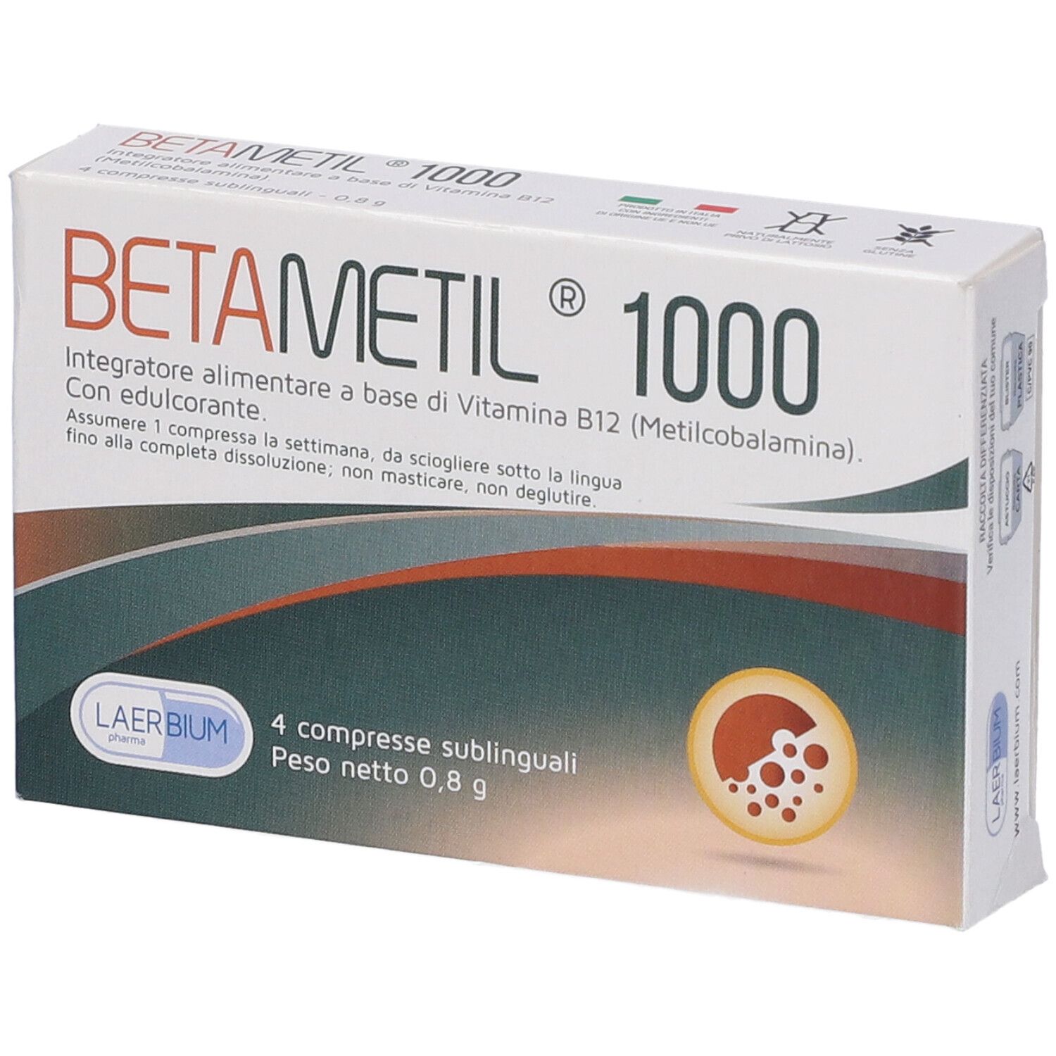 Scatola di Betametil 1000, 4 compresse sublinguali. Contiene vitamina B12. Confezione bianca con scritte rosse e blu.