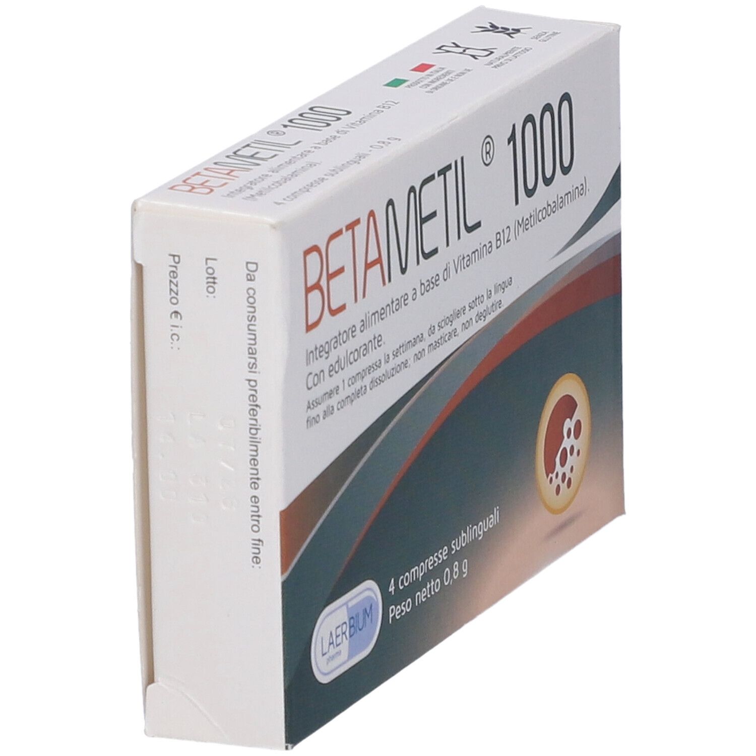 Confezione di Betametil 1000, 4 compresse sublinguali. Scatola bianca con scritte rosse e blu. Vista laterale.