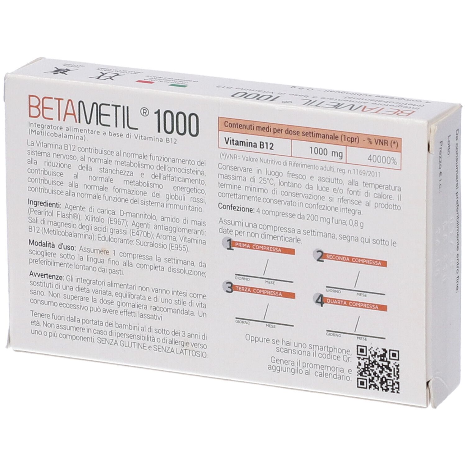 Retro della confezione di Betametil 1000. Contiene informazioni sugli ingredienti e il dosaggio. Scatola bianca con testo.