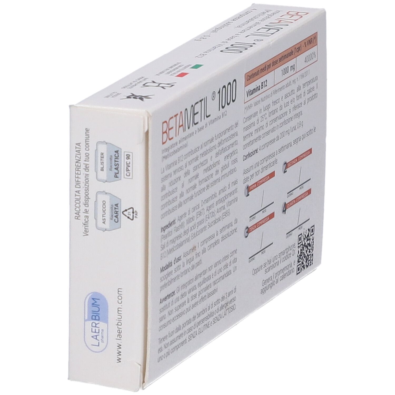 Lato della confezione di Betametil 1000. Contiene informazioni e codice QR. Scatola bianca con testo.